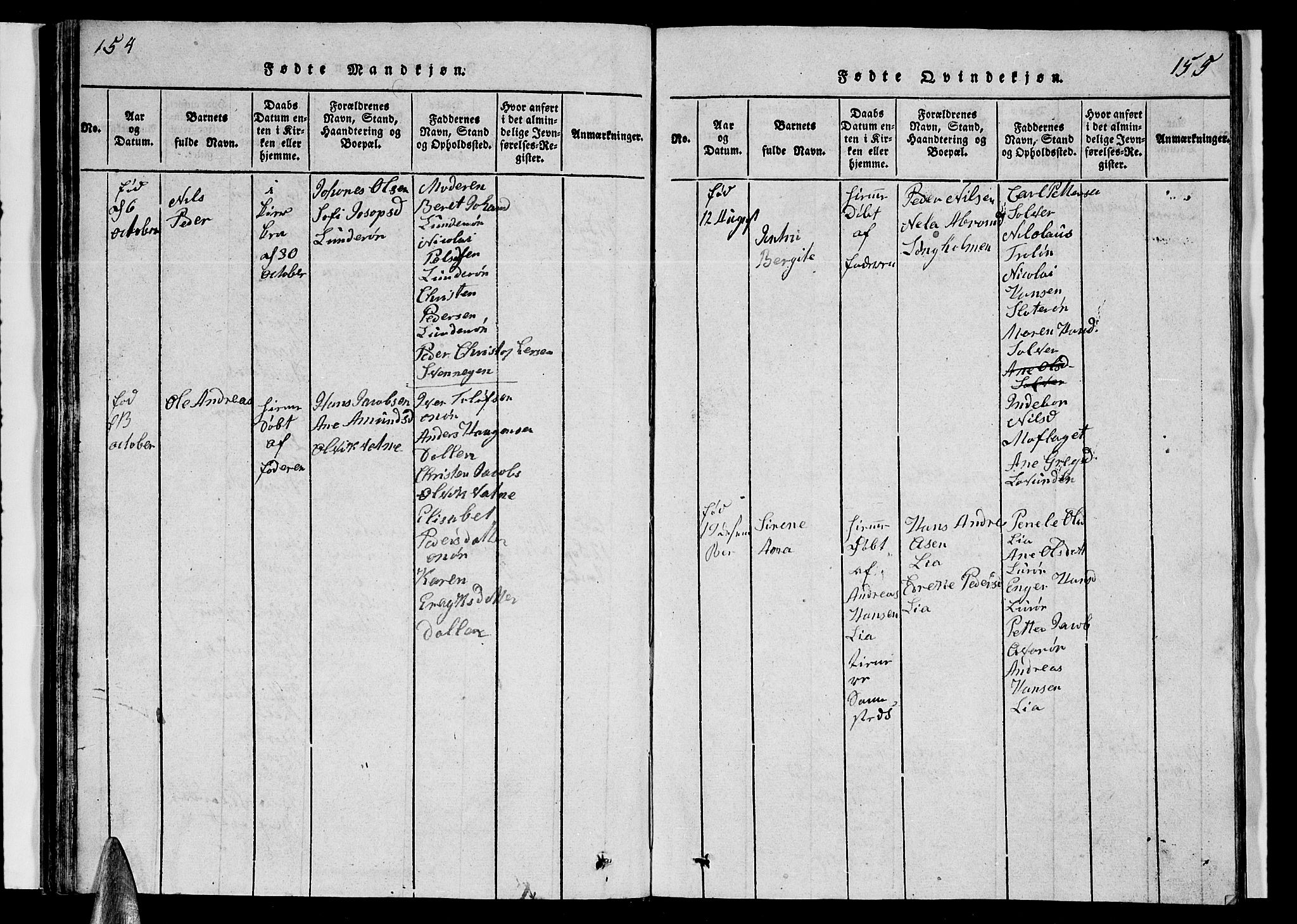 Ministerialprotokoller, klokkerbøker og fødselsregistre - Nordland, SAT/A-1459/839/L0571: Parish register (copy) no. 839C01, 1820-1840, p. 154-155