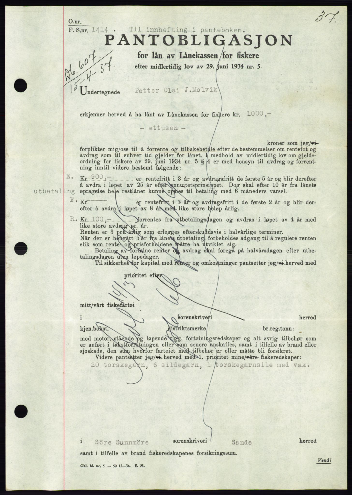 Søre Sunnmøre sorenskriveri, AV/SAT-A-4122/1/2/2C/L0063: Mortgage book no. 57, 1937-1937, Diary no: : 607/1937