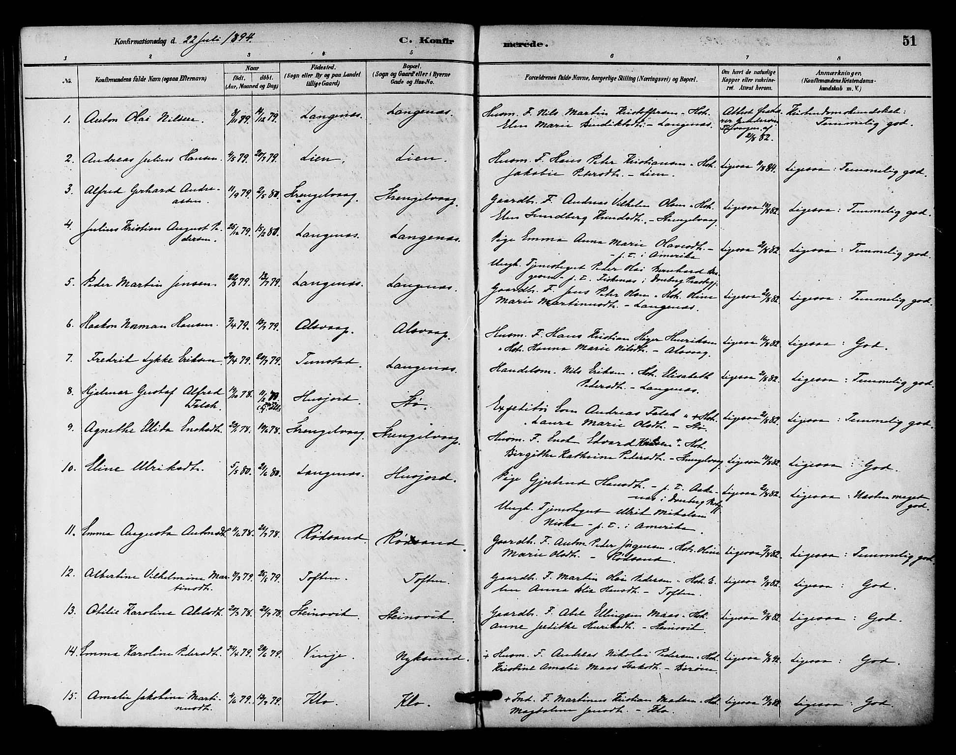 Ministerialprotokoller, klokkerbøker og fødselsregistre - Nordland, AV/SAT-A-1459/894/L1355: Parish register (official) no. 894A01, 1885-1896, p. 51