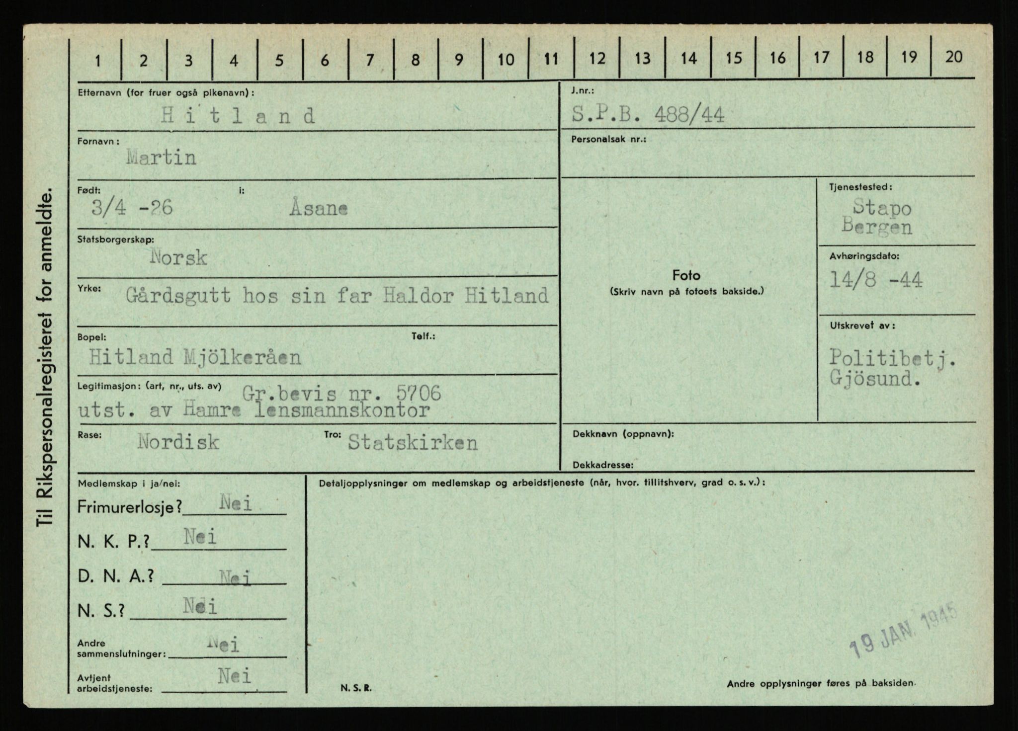 Statspolitiet - Hovedkontoret / Osloavdelingen, AV/RA-S-1329/C/Ca/L0006: Hanche - Hokstvedt, 1943-1945, p. 4368