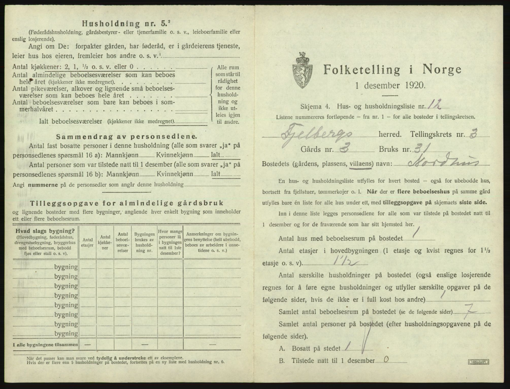 SAB, 1920 census for Fjelberg, 1920, p. 147