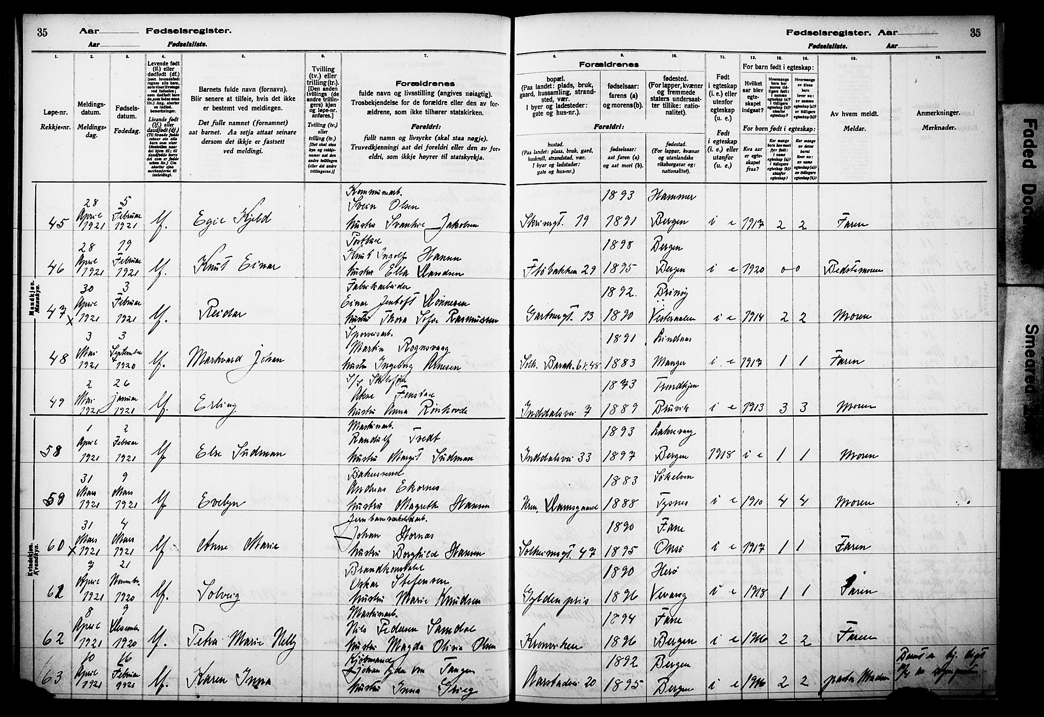 Årstad Sokneprestembete, SAB/A-79301/I/Id/L0A02: Birth register no. A 2, 1920-1924, p. 35