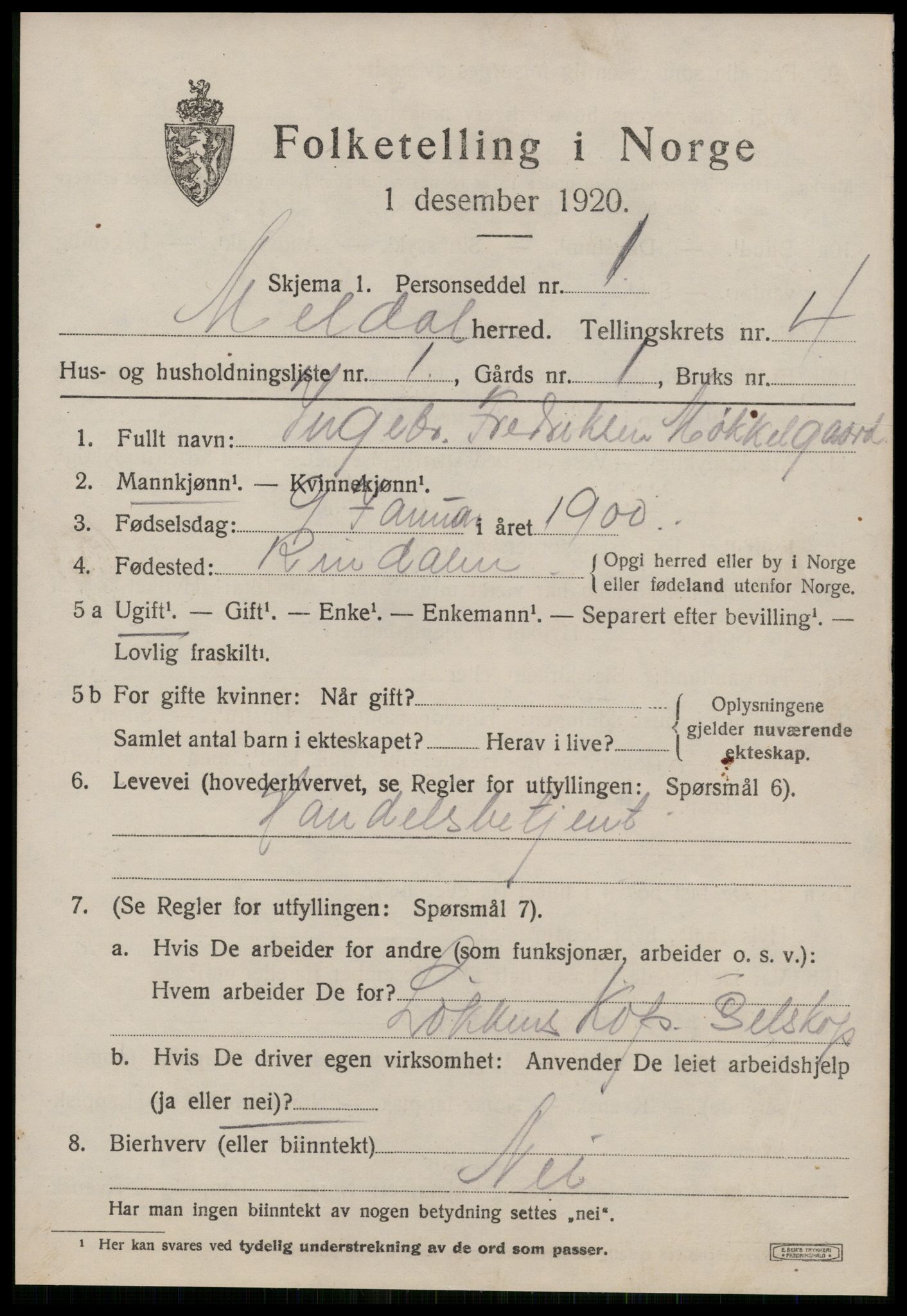 SAT, 1920 census for Meldal, 1920, p. 3631