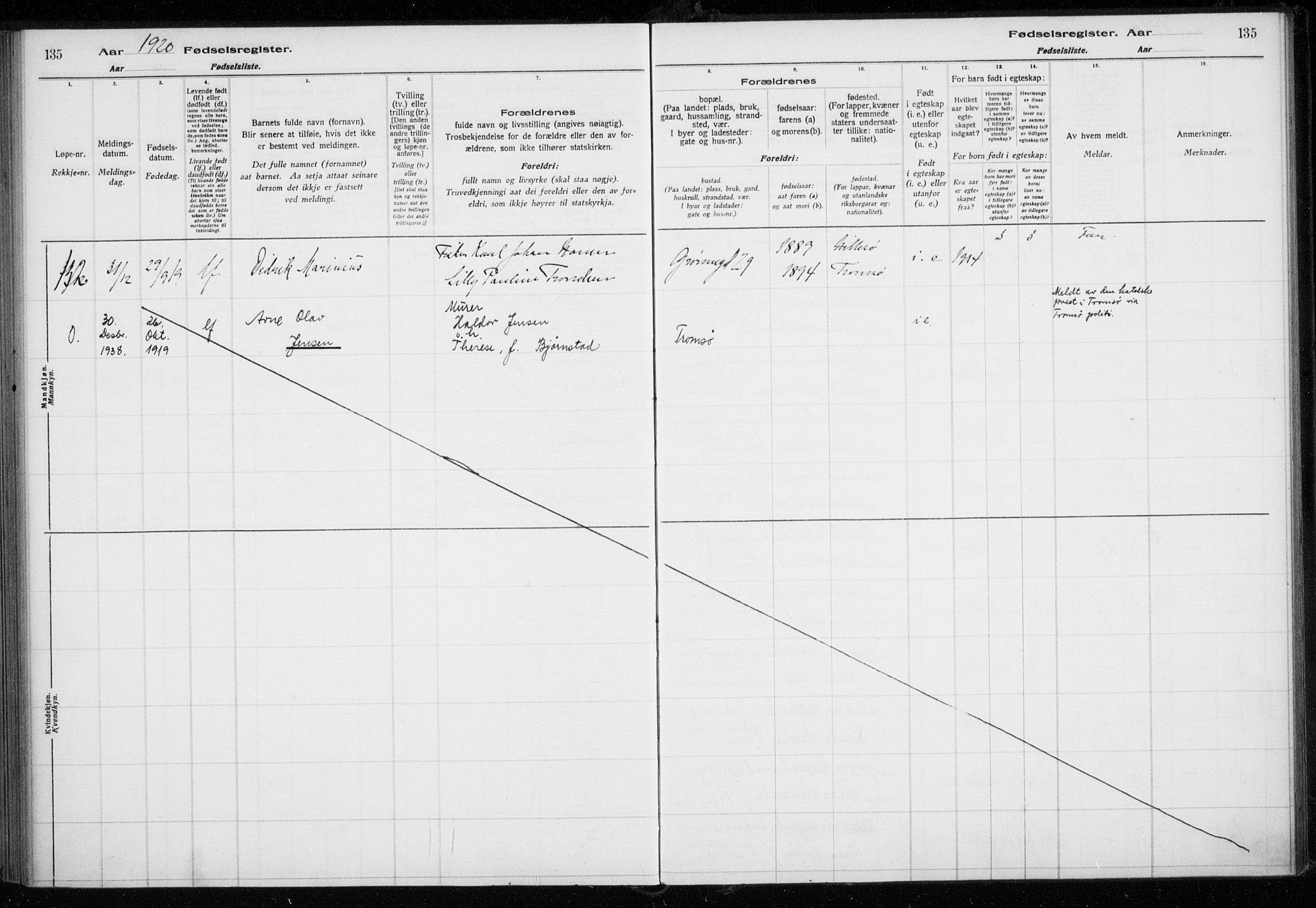 Tromsø sokneprestkontor/stiftsprosti/domprosti, AV/SATØ-S-1343/H/Ha/L0131: Birth register no. 131, 1916-1921, p. 135