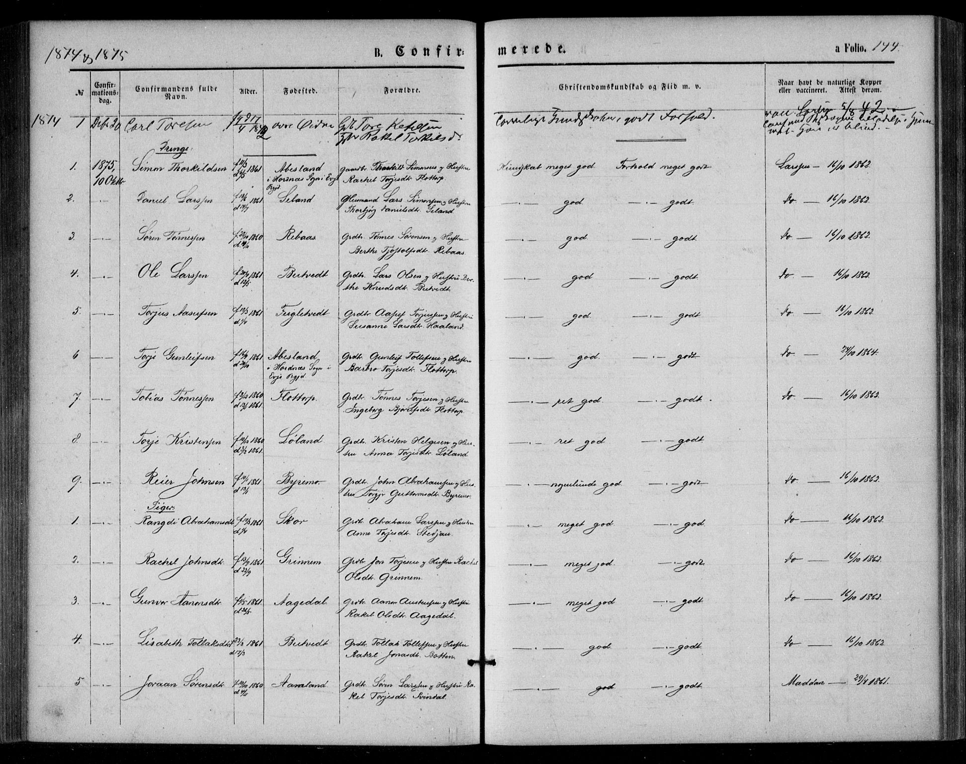 Bjelland sokneprestkontor, SAK/1111-0005/F/Fa/Fac/L0002: Parish register (official) no. A 2, 1866-1887, p. 144
