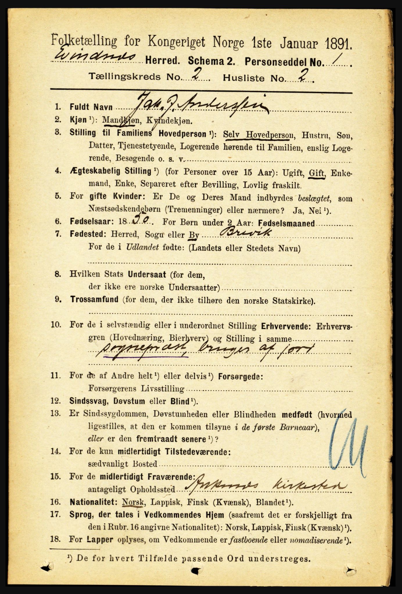 RA, 1891 census for 1853 Evenes, 1891, p. 435