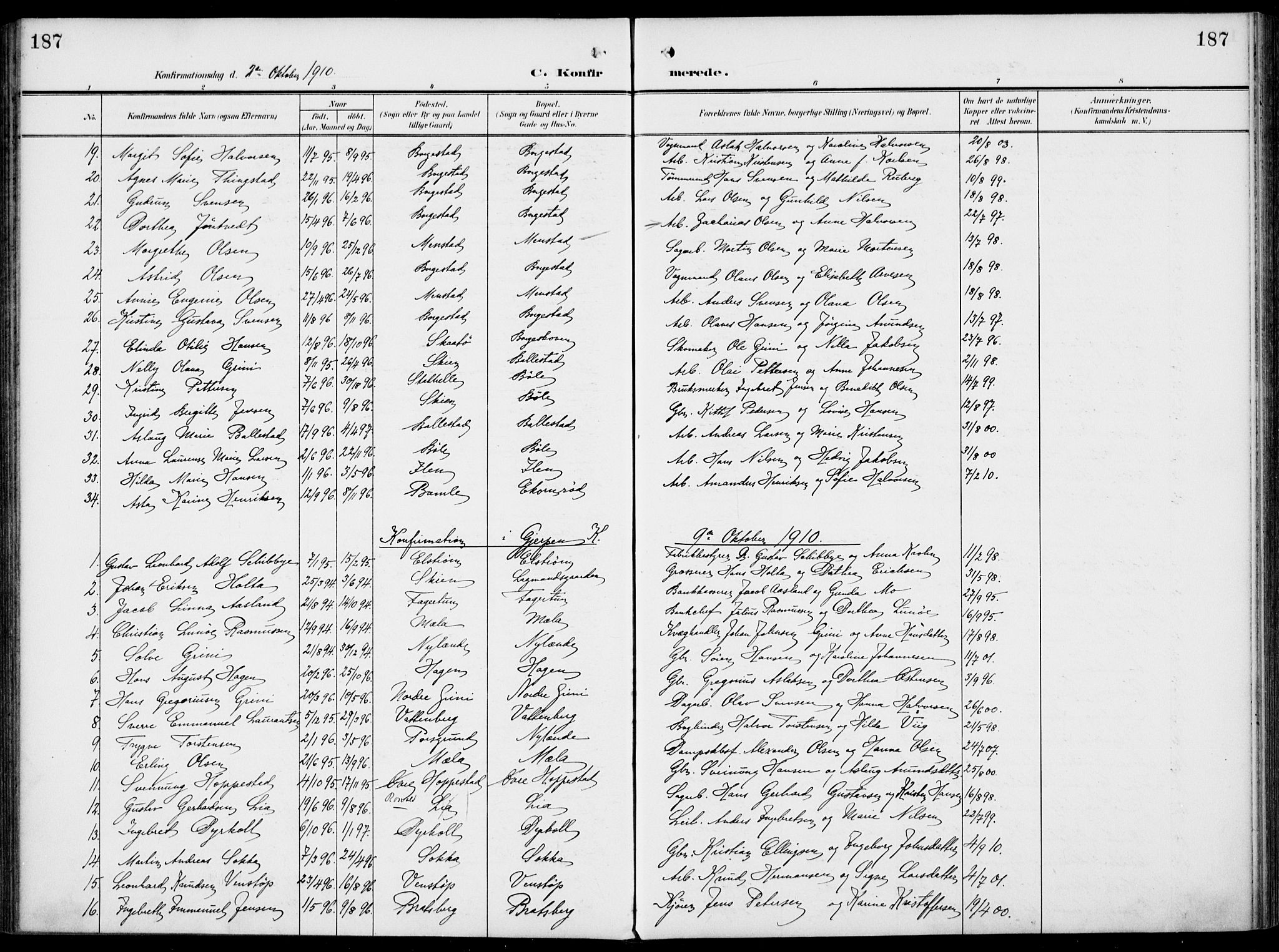 Gjerpen kirkebøker, AV/SAKO-A-265/F/Fa/L0012: Parish register (official) no. I 12, 1905-1913, p. 187