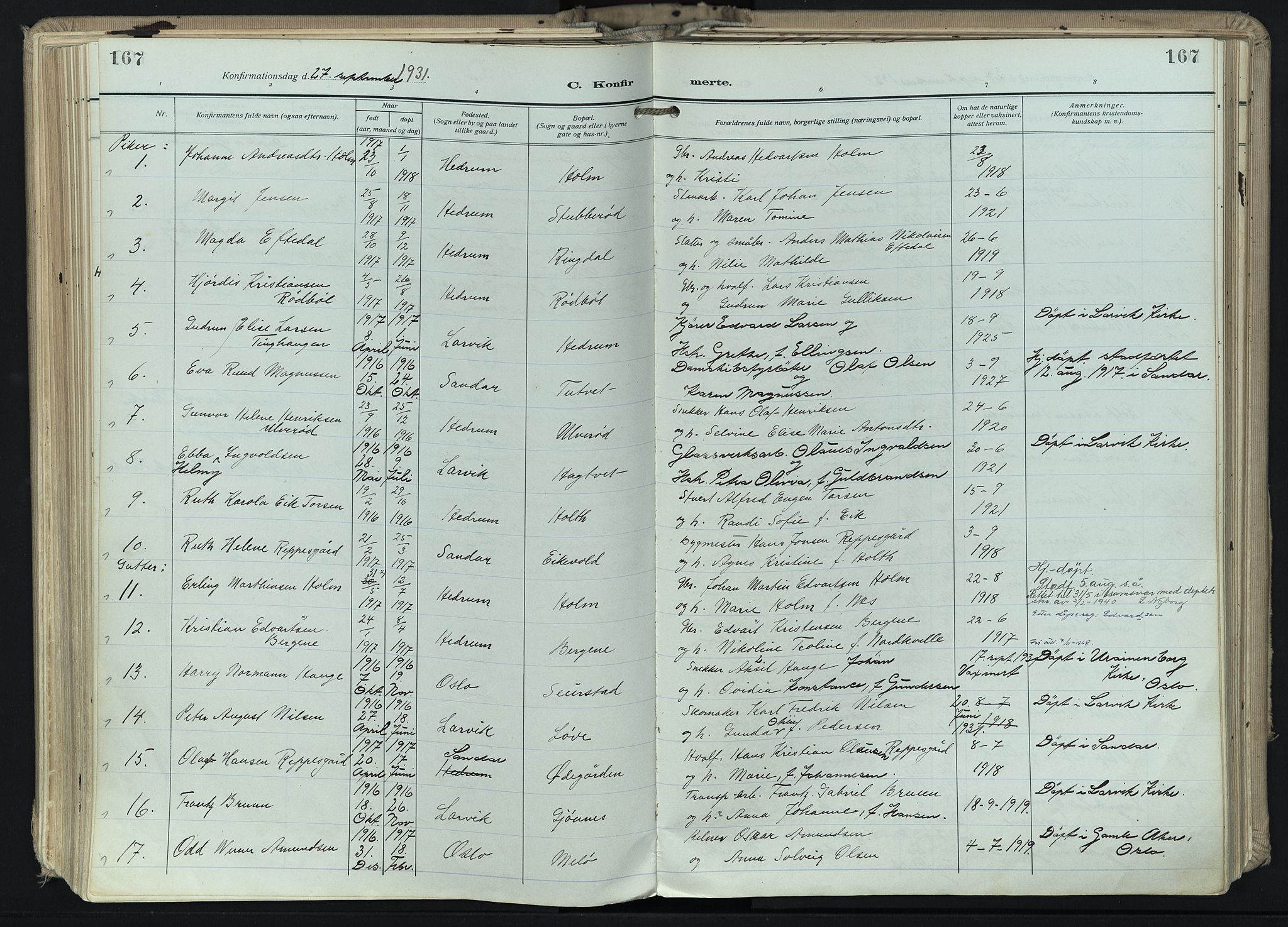 Hedrum kirkebøker, AV/SAKO-A-344/F/Fa/L0011: Parish register (official) no. I 11, 1919-1933, p. 167