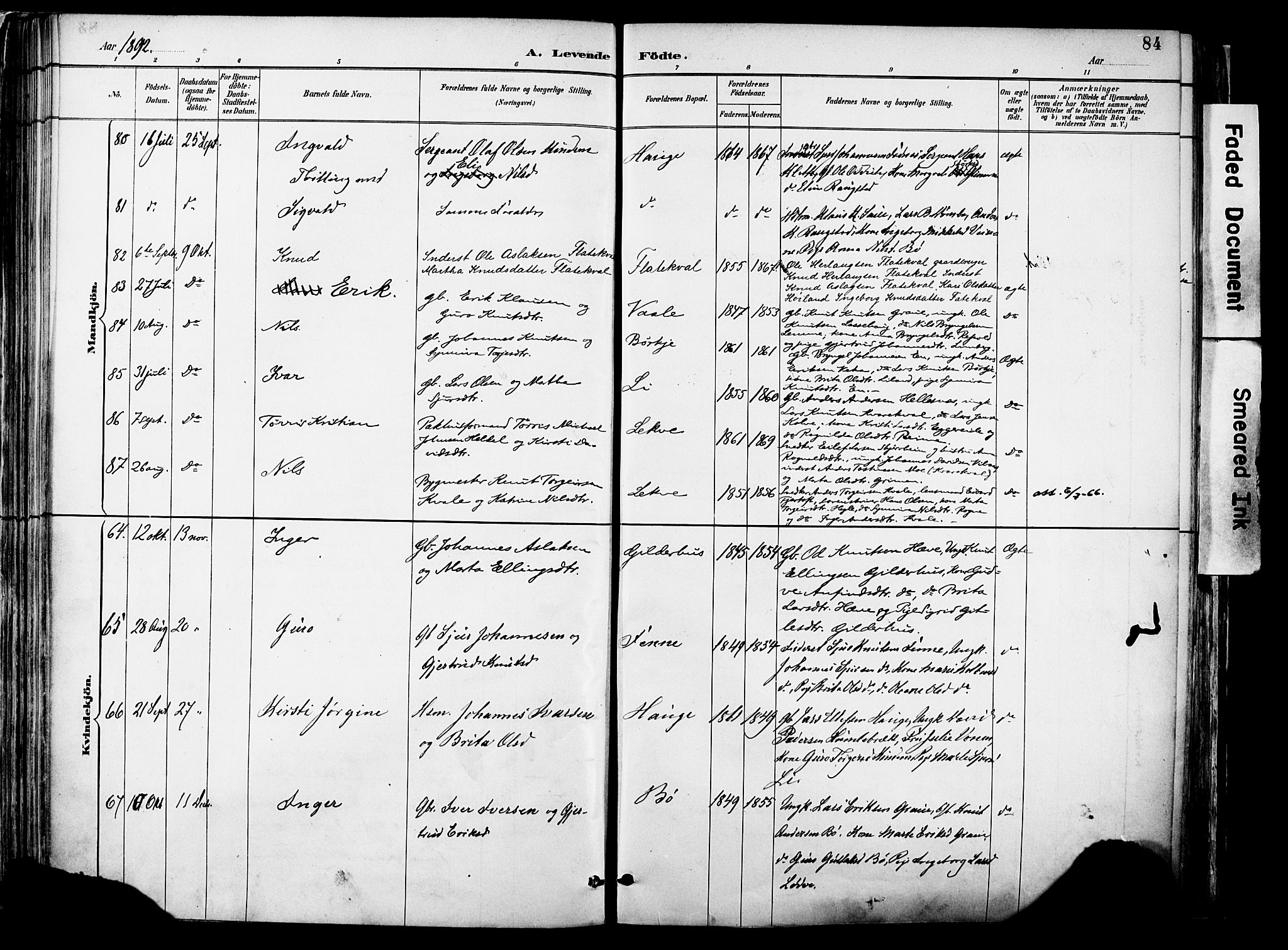 Voss sokneprestembete, AV/SAB-A-79001/H/Haa: Parish register (official) no. A 21, 1887-1903, p. 84