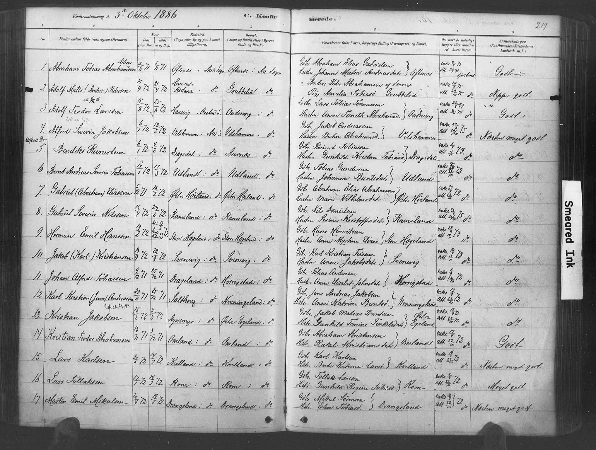 Lyngdal sokneprestkontor, SAK/1111-0029/F/Fa/Fac/L0011: Parish register (official) no. A 11, 1878-1893, p. 219