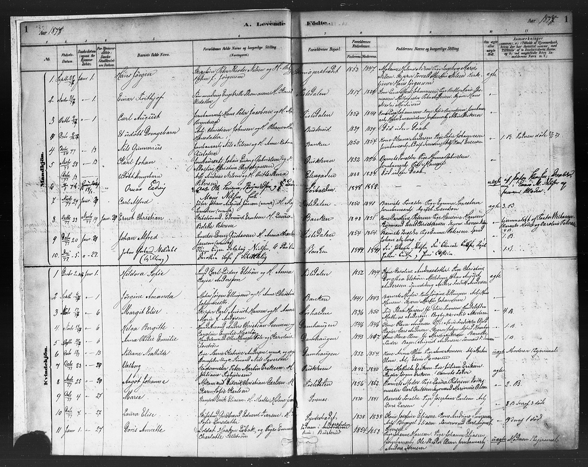 Halden prestekontor Kirkebøker, SAO/A-10909/F/Fa/L0011: Parish register (official) no. I 11, 1878-1889, p. 1