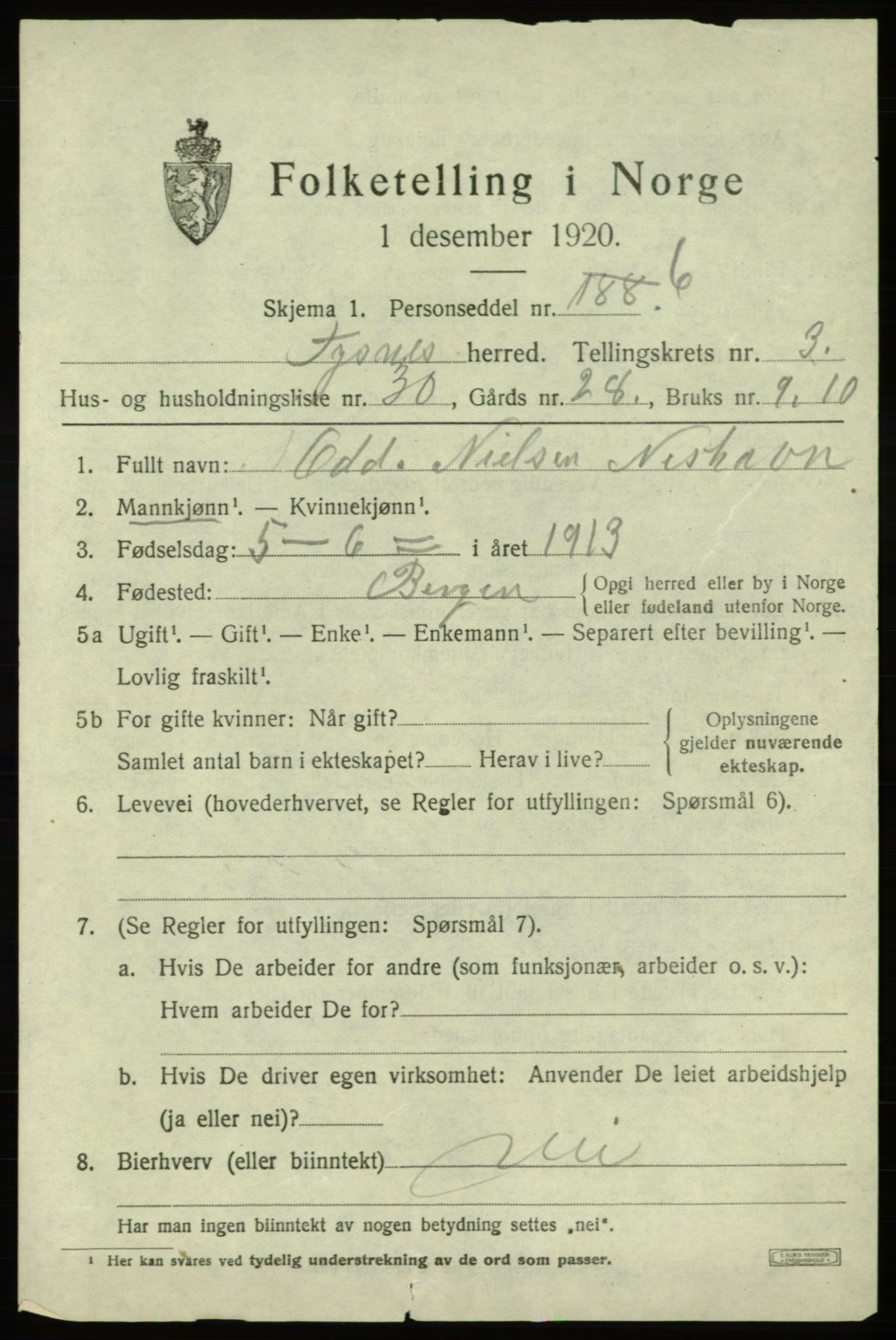 SAB, 1920 census for Tysnes, 1920, p. 3216