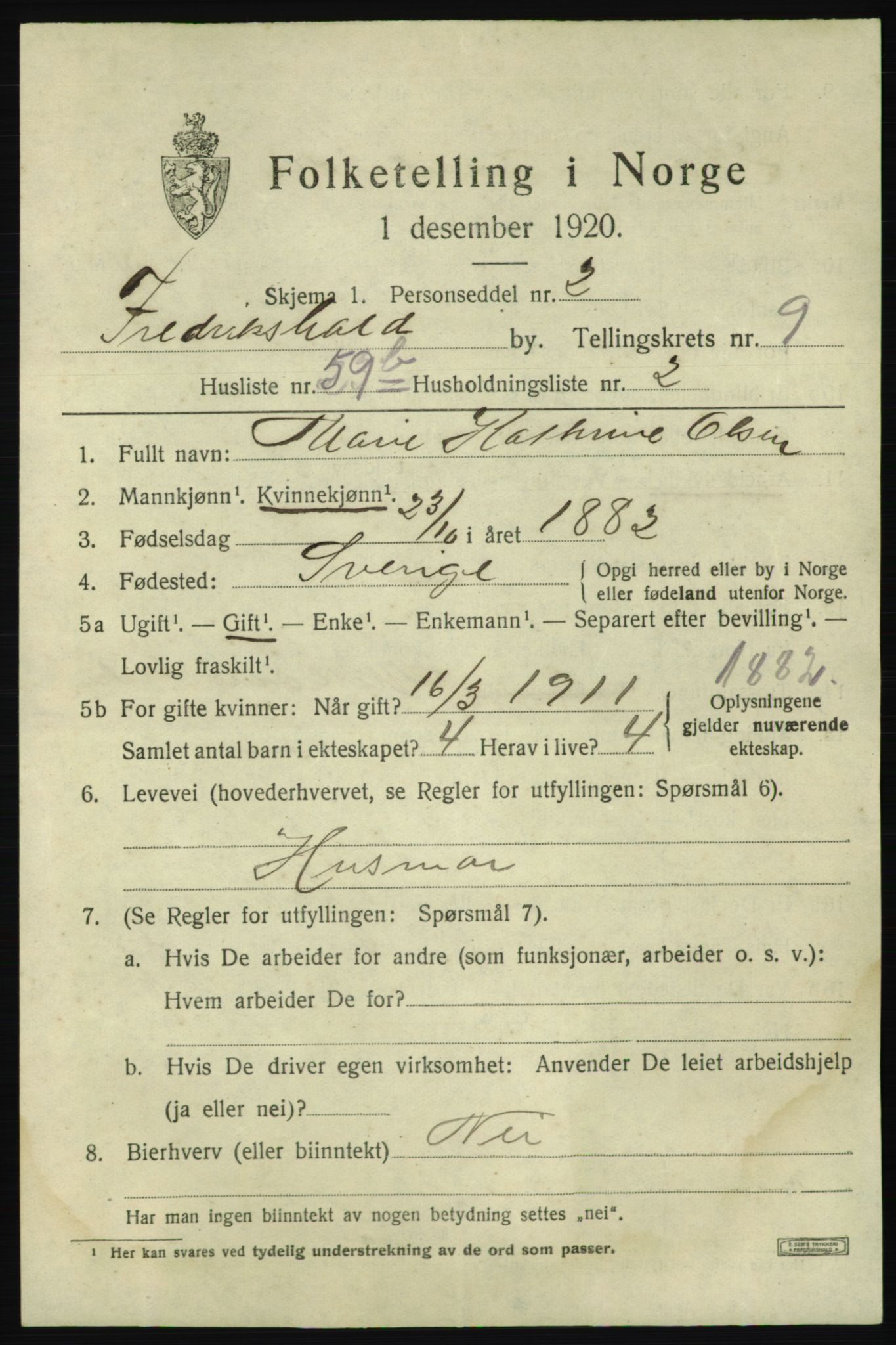 SAO, 1920 census for Fredrikshald, 1920, p. 17401