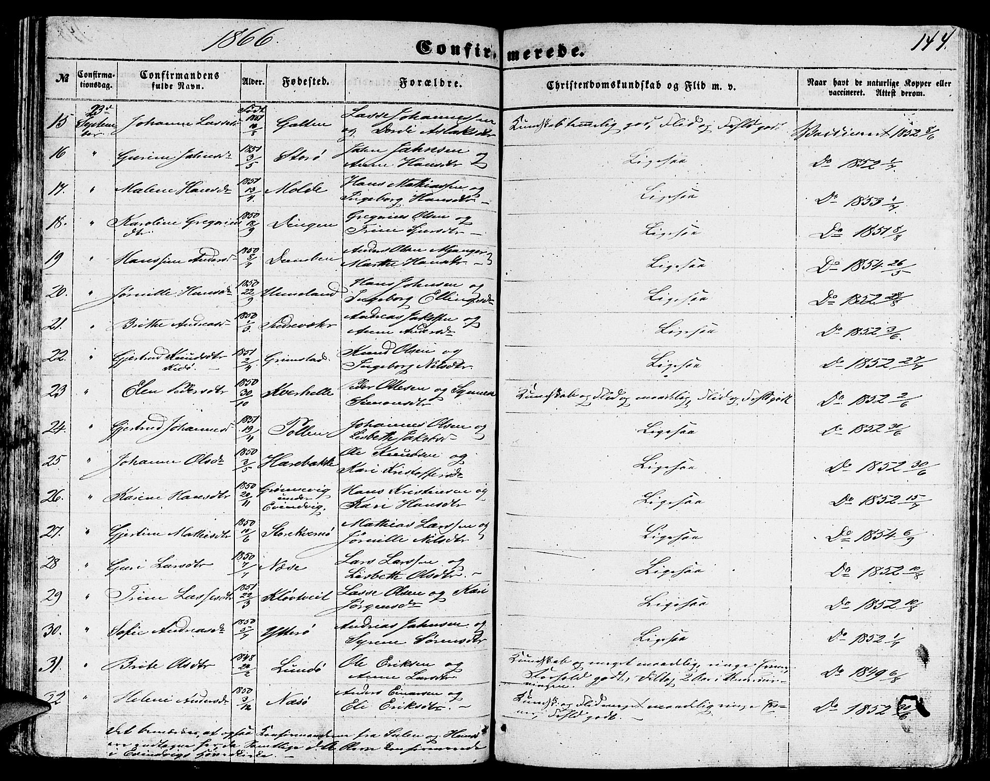 Gulen sokneprestembete, AV/SAB-A-80201/H/Hab/Habb/L0001: Parish register (copy) no. B 1, 1854-1866, p. 144