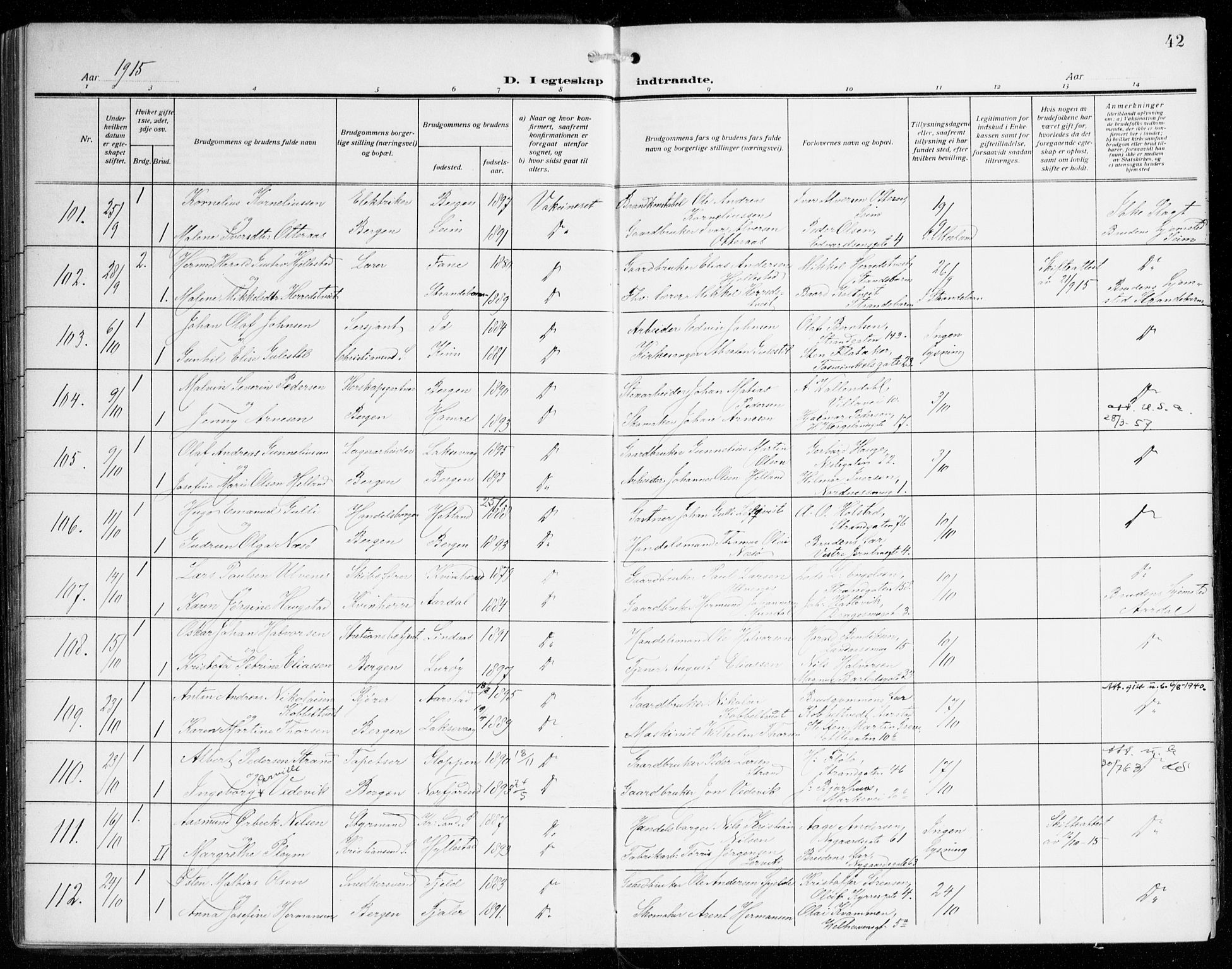 Johanneskirken sokneprestembete, AV/SAB-A-76001/H/Haa/L0013: Parish register (official) no. D 2, 1912-1929, p. 42