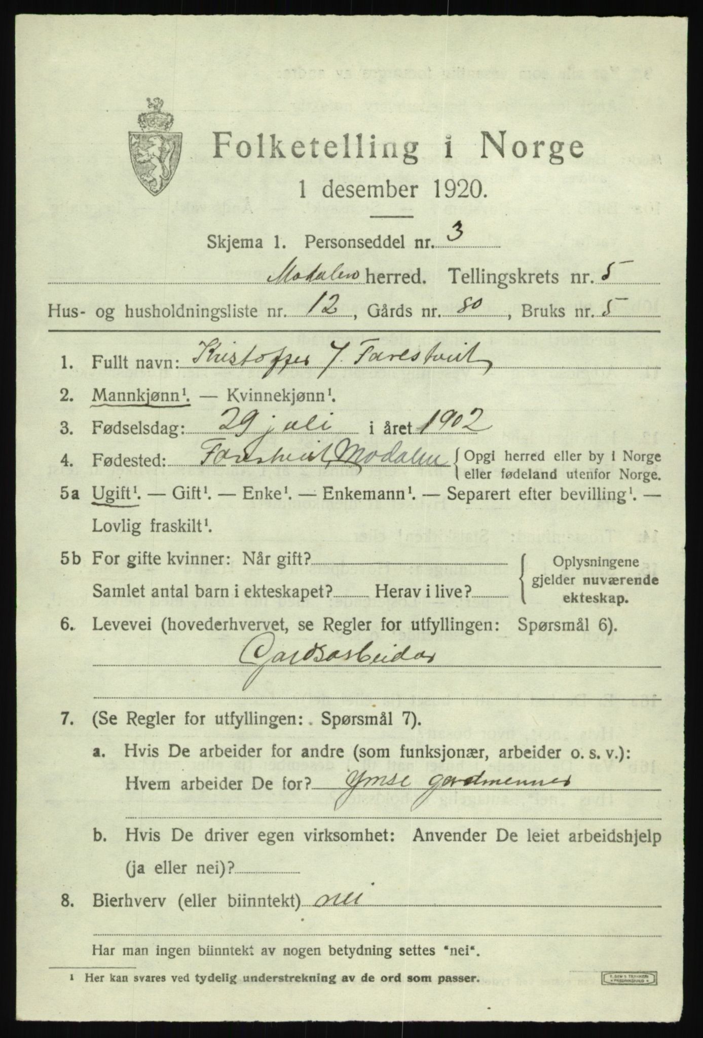 SAB, 1920 census for Modalen, 1920, p. 1118