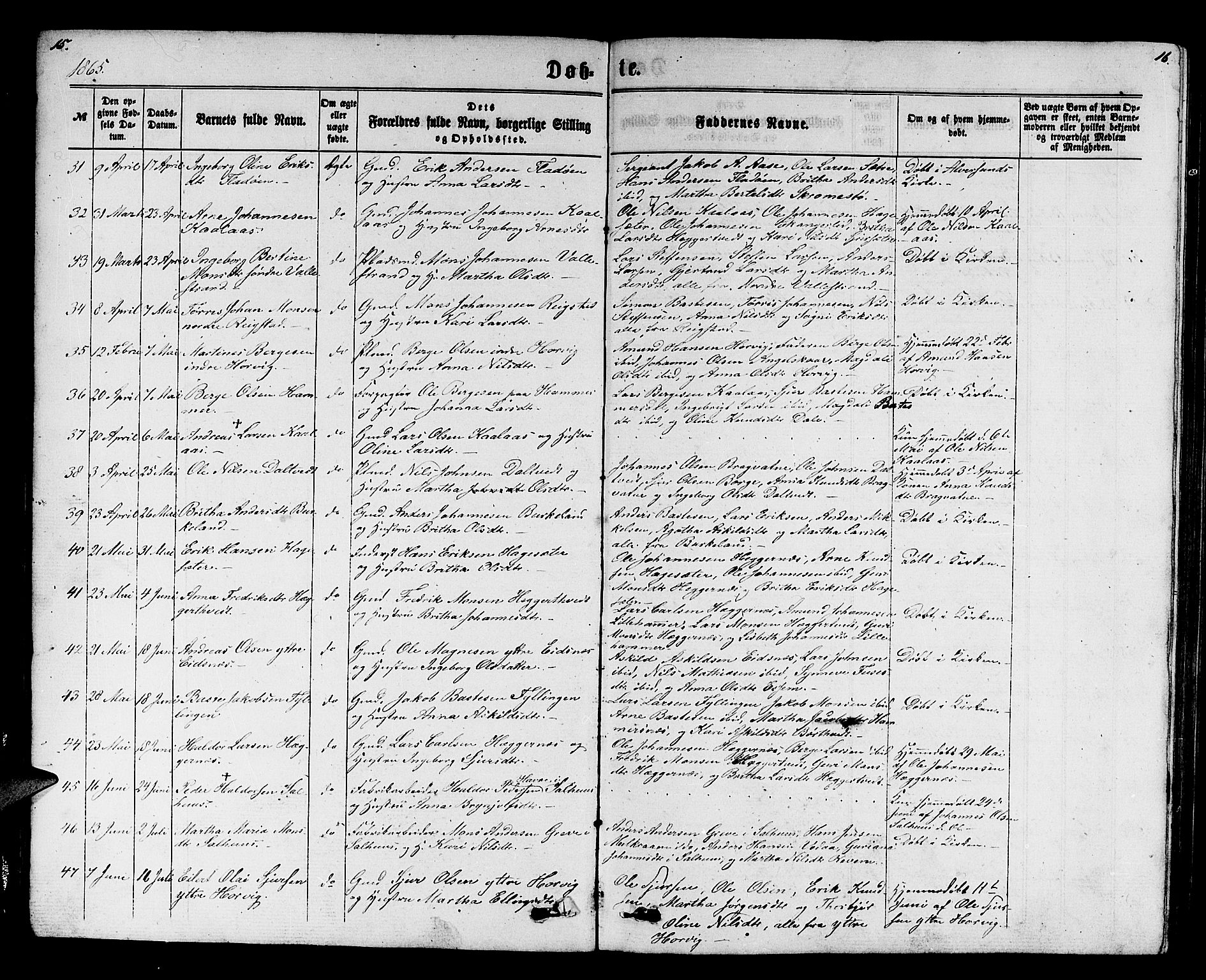 Hamre sokneprestembete, AV/SAB-A-75501/H/Ha/Hab: Parish register (copy) no. B 2, 1863-1880, p. 15-16