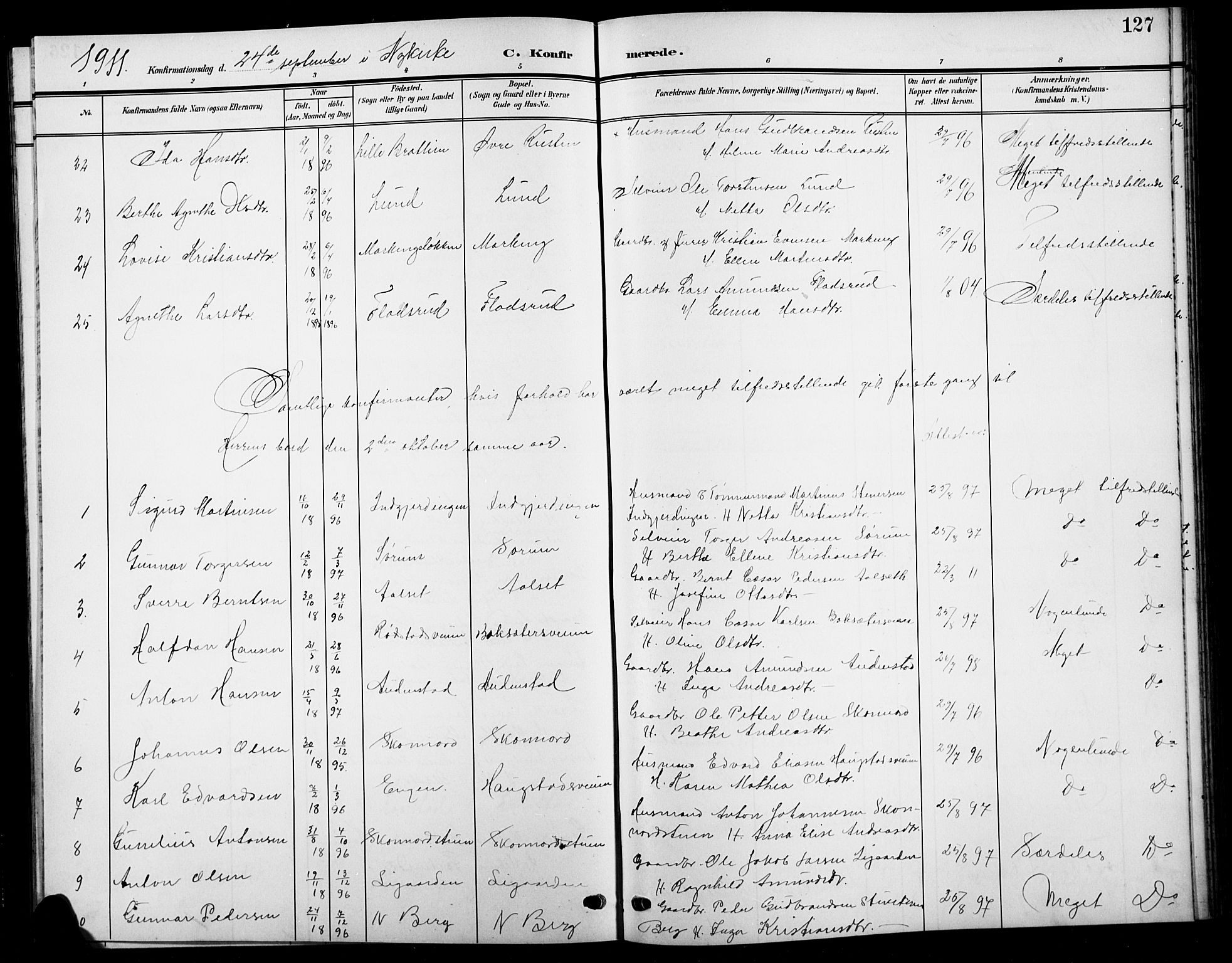 Biri prestekontor, SAH/PREST-096/H/Ha/Hab/L0005: Parish register (copy) no. 5, 1906-1919, p. 127