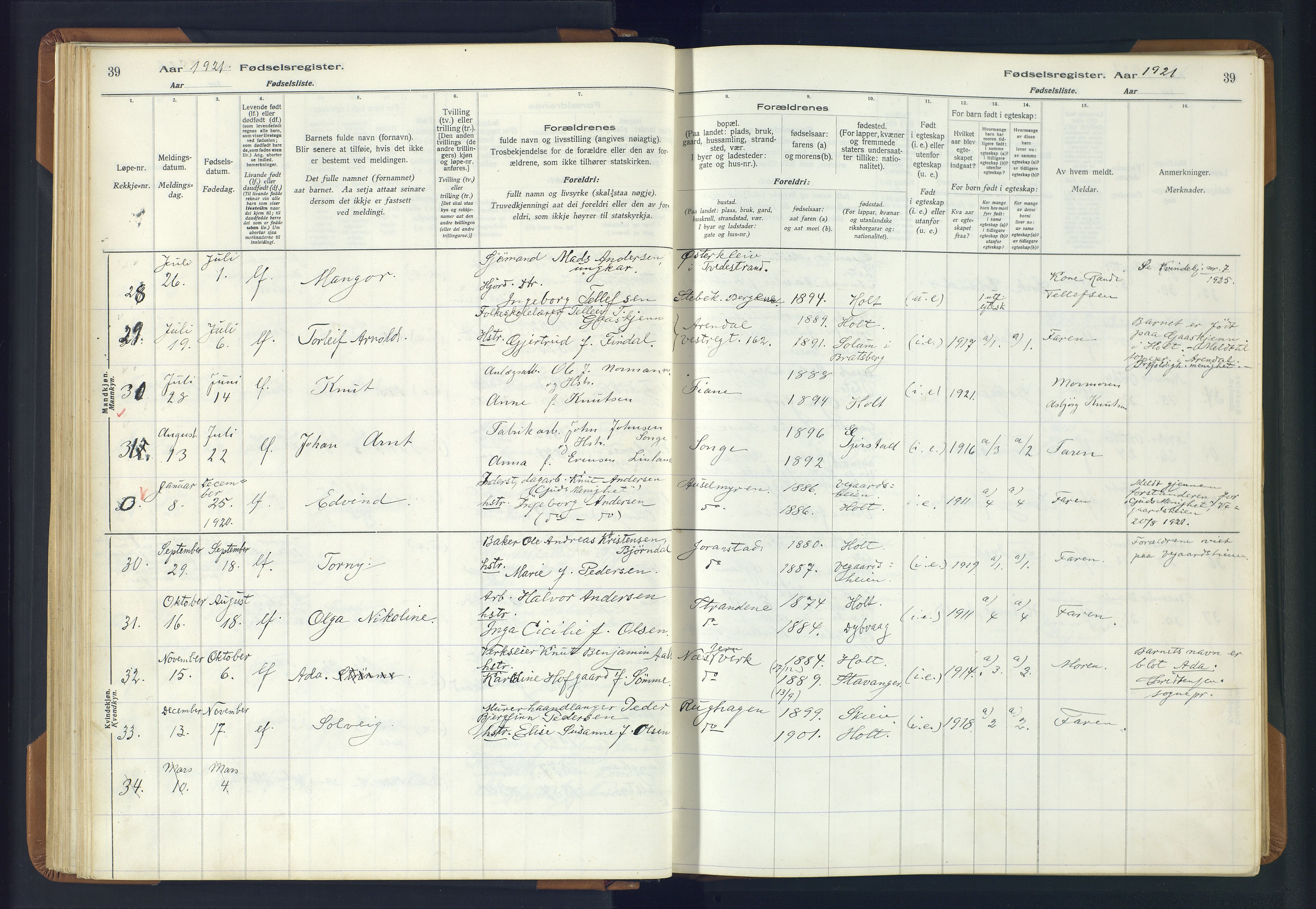 Holt sokneprestkontor, AV/SAK-1111-0021/J/Ja/L0001: Birth register no. II.4.1, 1916-1946, p. 39