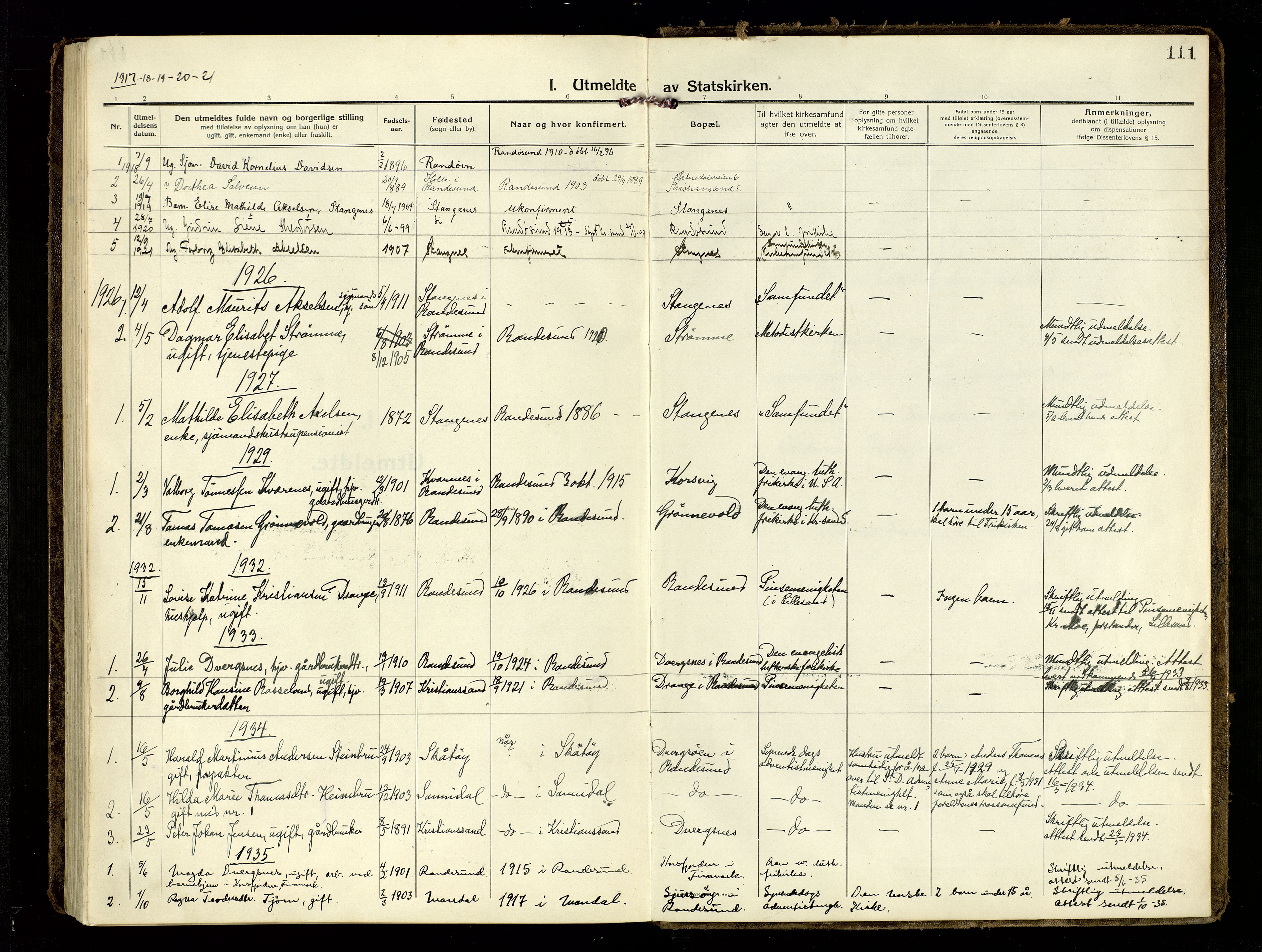 Oddernes sokneprestkontor, SAK/1111-0033/F/Fa/Fab/L0004: Parish register (official) no. A 4, 1916-1935, p. 111