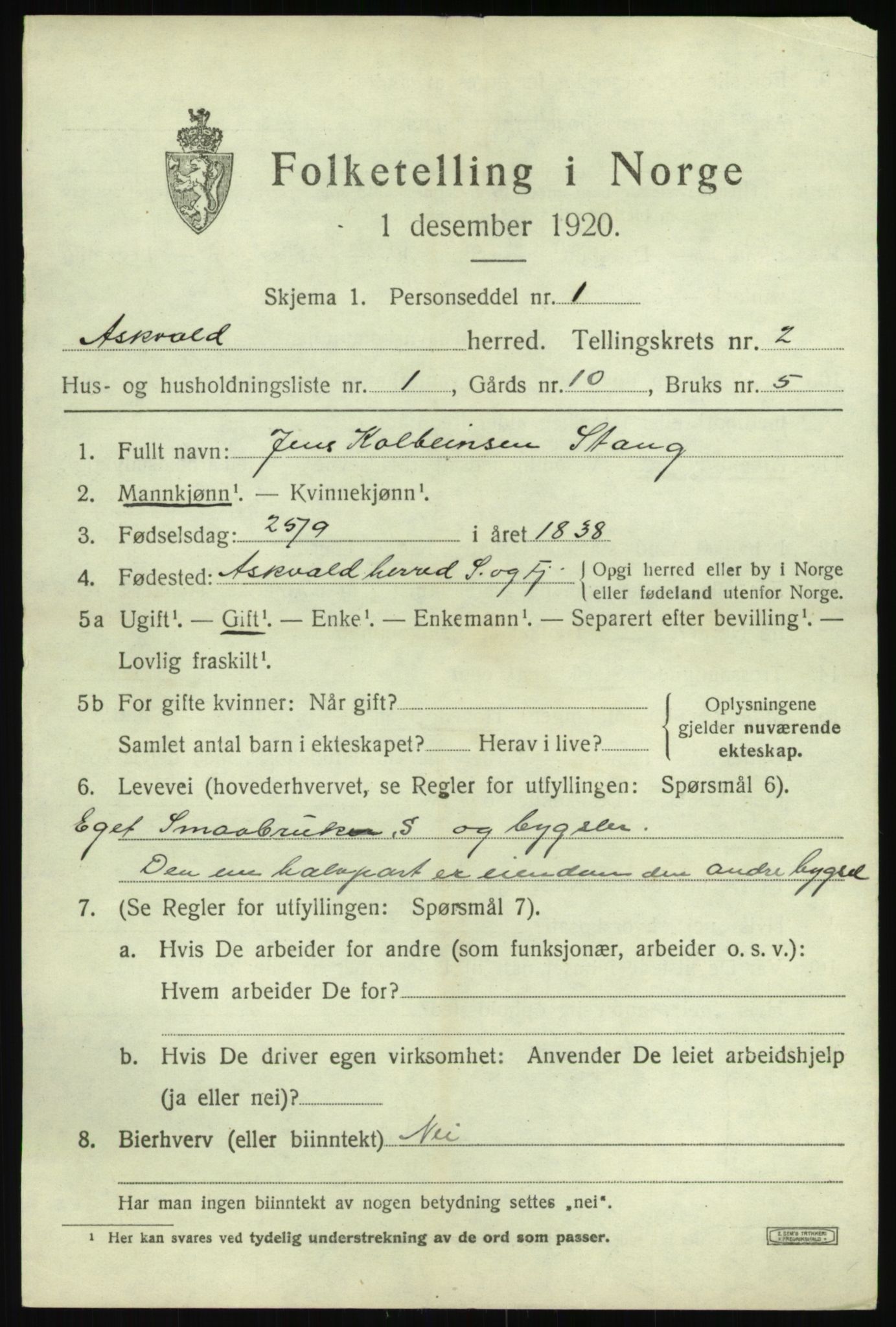 SAB, 1920 census for Askvoll, 1920, p. 1558
