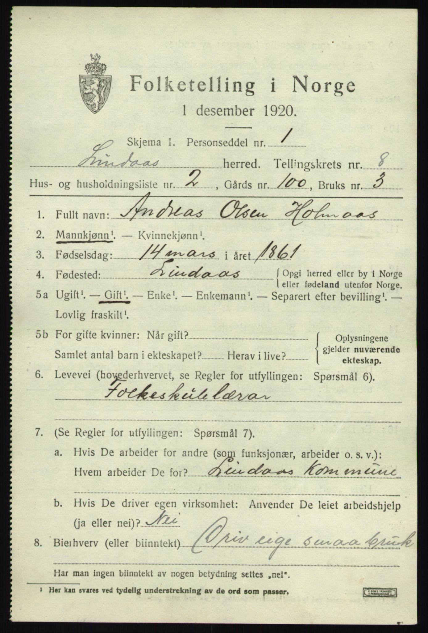 SAB, 1920 census for Lindås, 1920, p. 4243