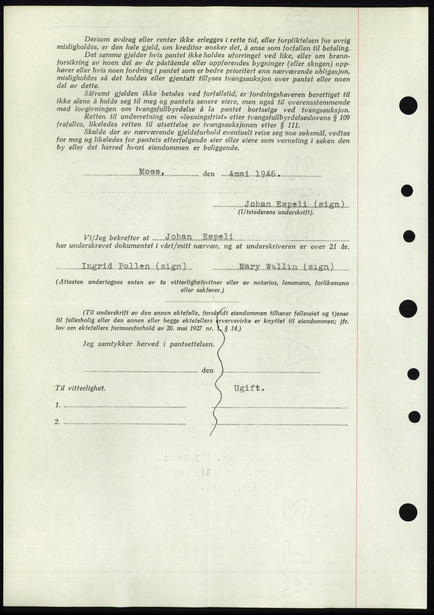 Moss sorenskriveri, SAO/A-10168: Mortgage book no. B15, 1946-1946, Diary no: : 942/1946