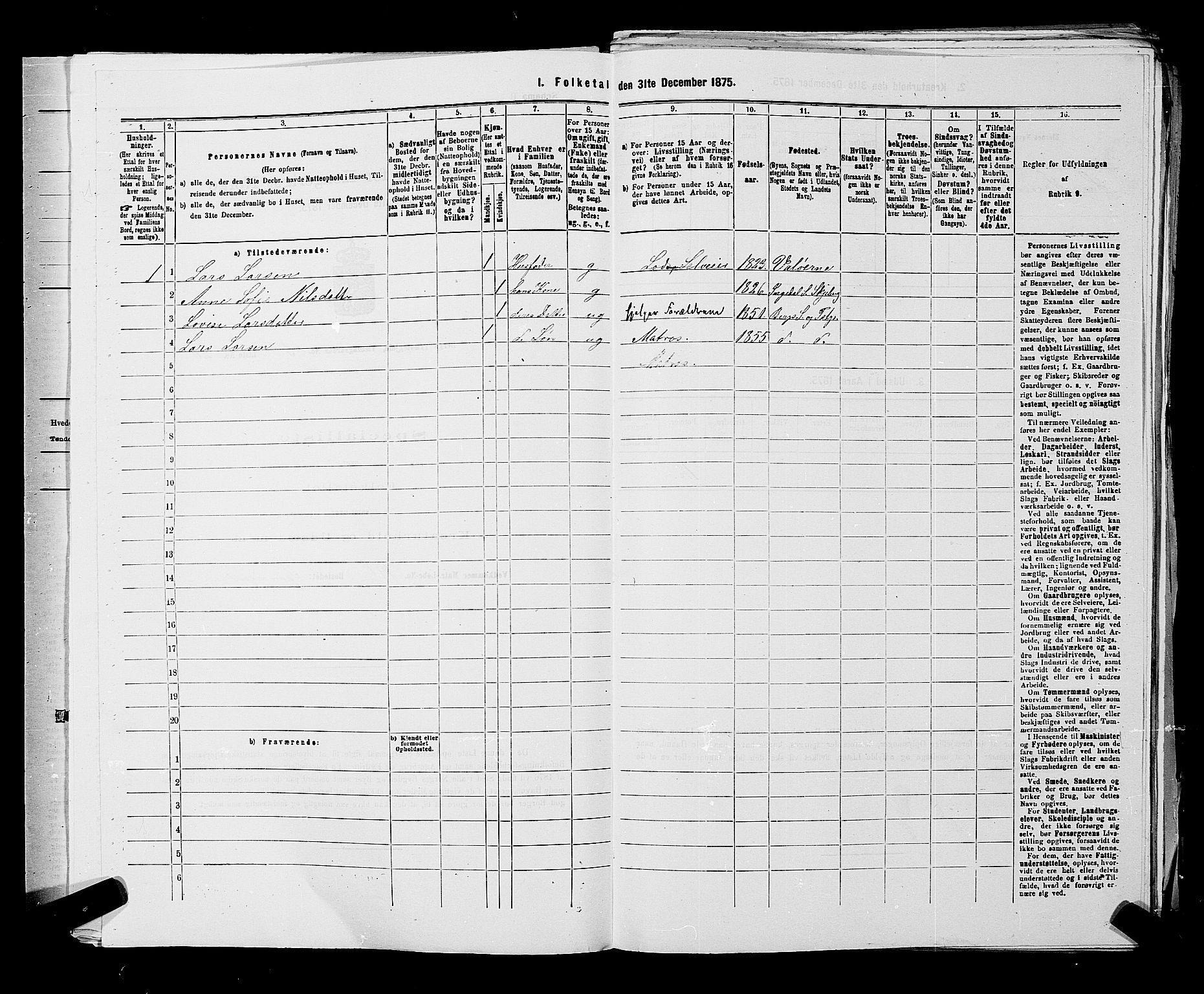 RA, 1875 census for 0116P Berg, 1875, p. 291