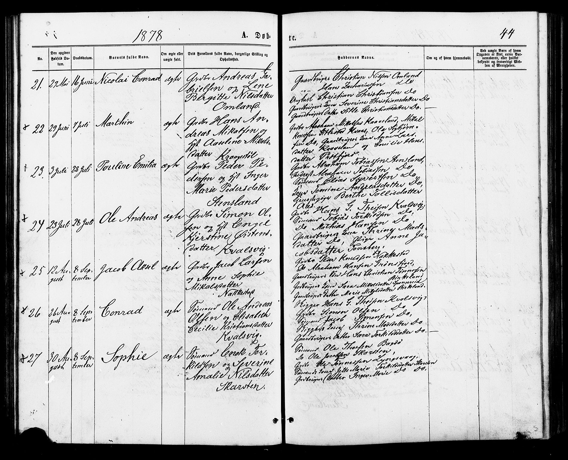 Lyngdal sokneprestkontor, AV/SAK-1111-0029/F/Fa/Faa/L0003: Parish register (official) no. A 3, 1871-1882, p. 44