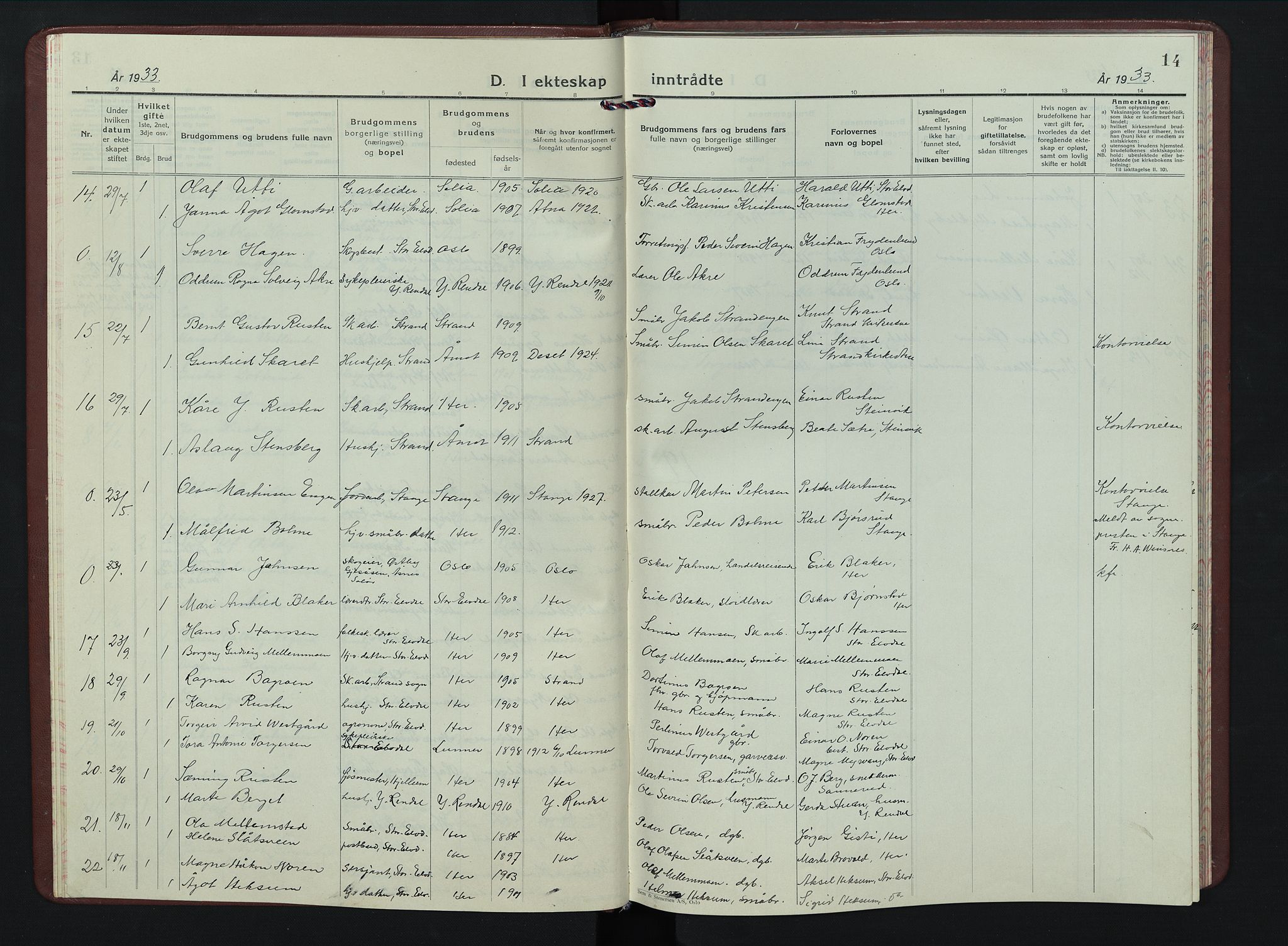 Stor-Elvdal prestekontor, AV/SAH-PREST-052/H/Ha/Hab/L0009: Parish register (copy) no. 9, 1927-1955, p. 14