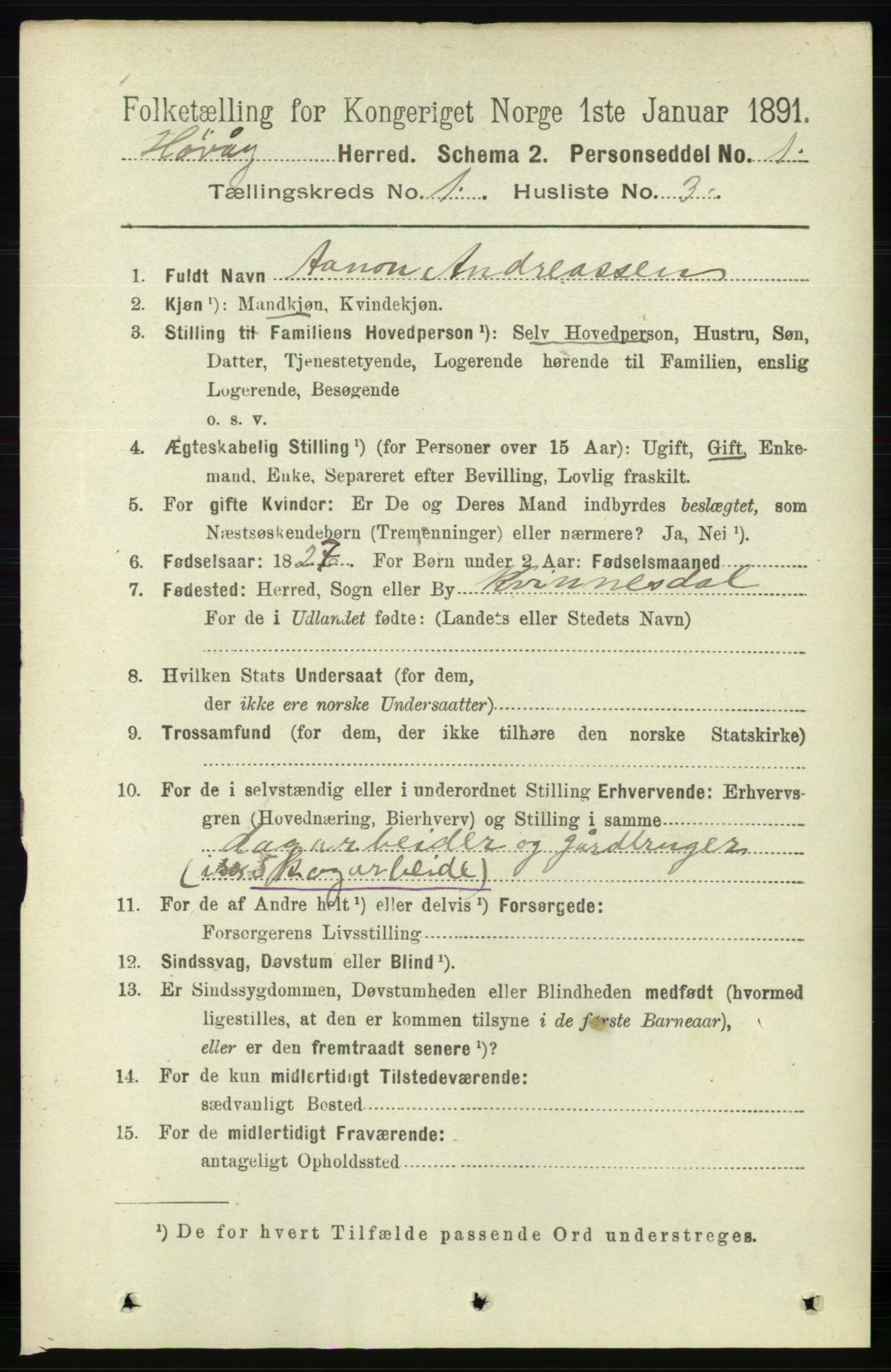 RA, 1891 census for 0927 Høvåg, 1891, p. 97