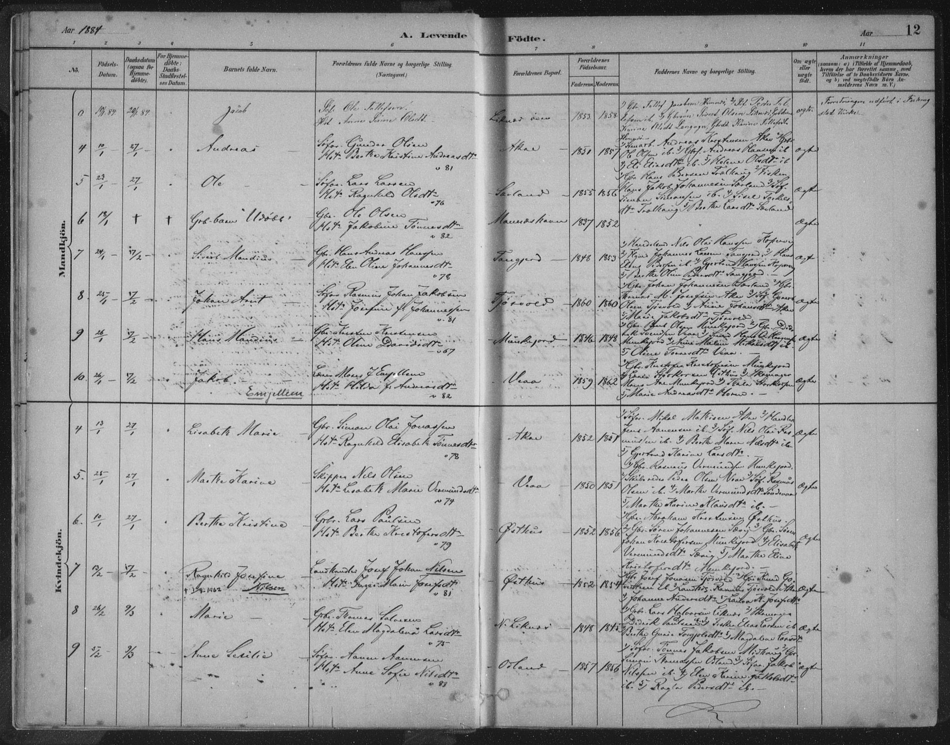 Kopervik sokneprestkontor, AV/SAST-A-101850/H/Ha/Haa/L0004: Parish register (official) no. A 4, 1882-1905, p. 12