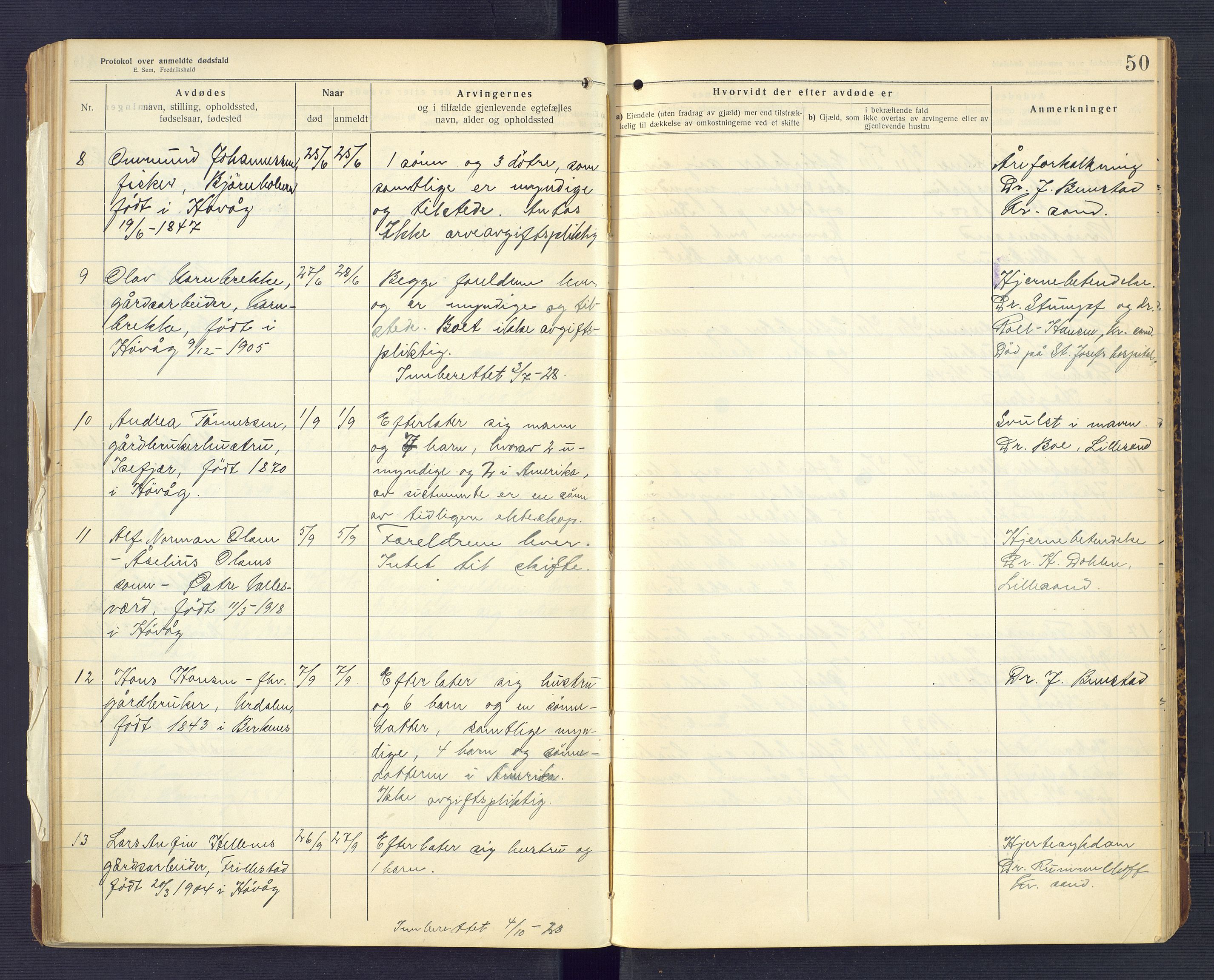 Høvåg lensmannskontor, AV/SAK-1241-0024/F/Fe/L0041: Protokoll over anmeldte dødsfall, 1916-1933, p. 50