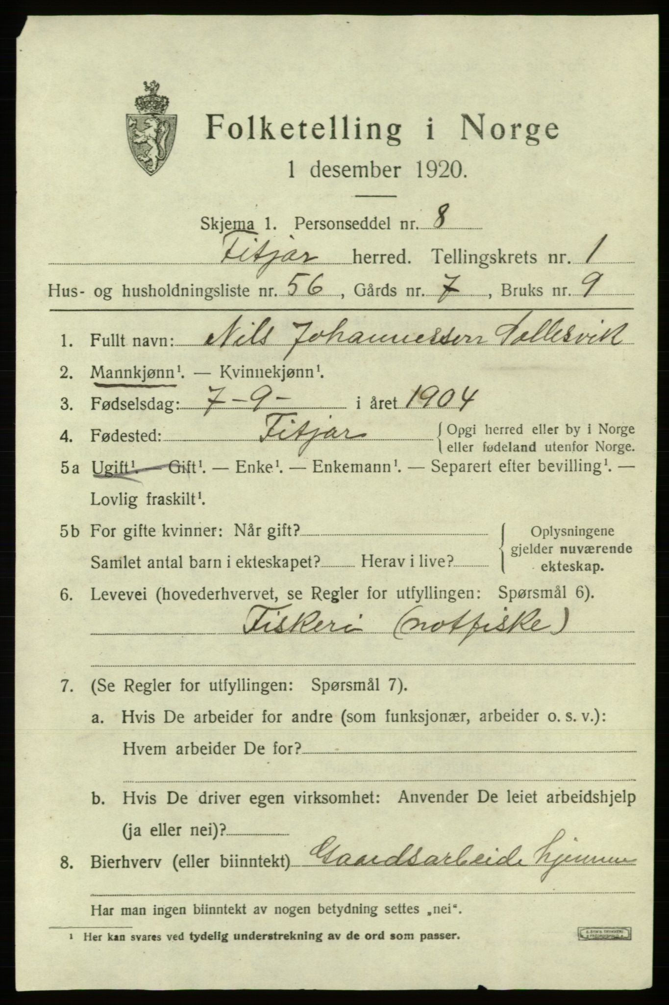 SAB, 1920 census for Fitjar, 1920, p. 1566