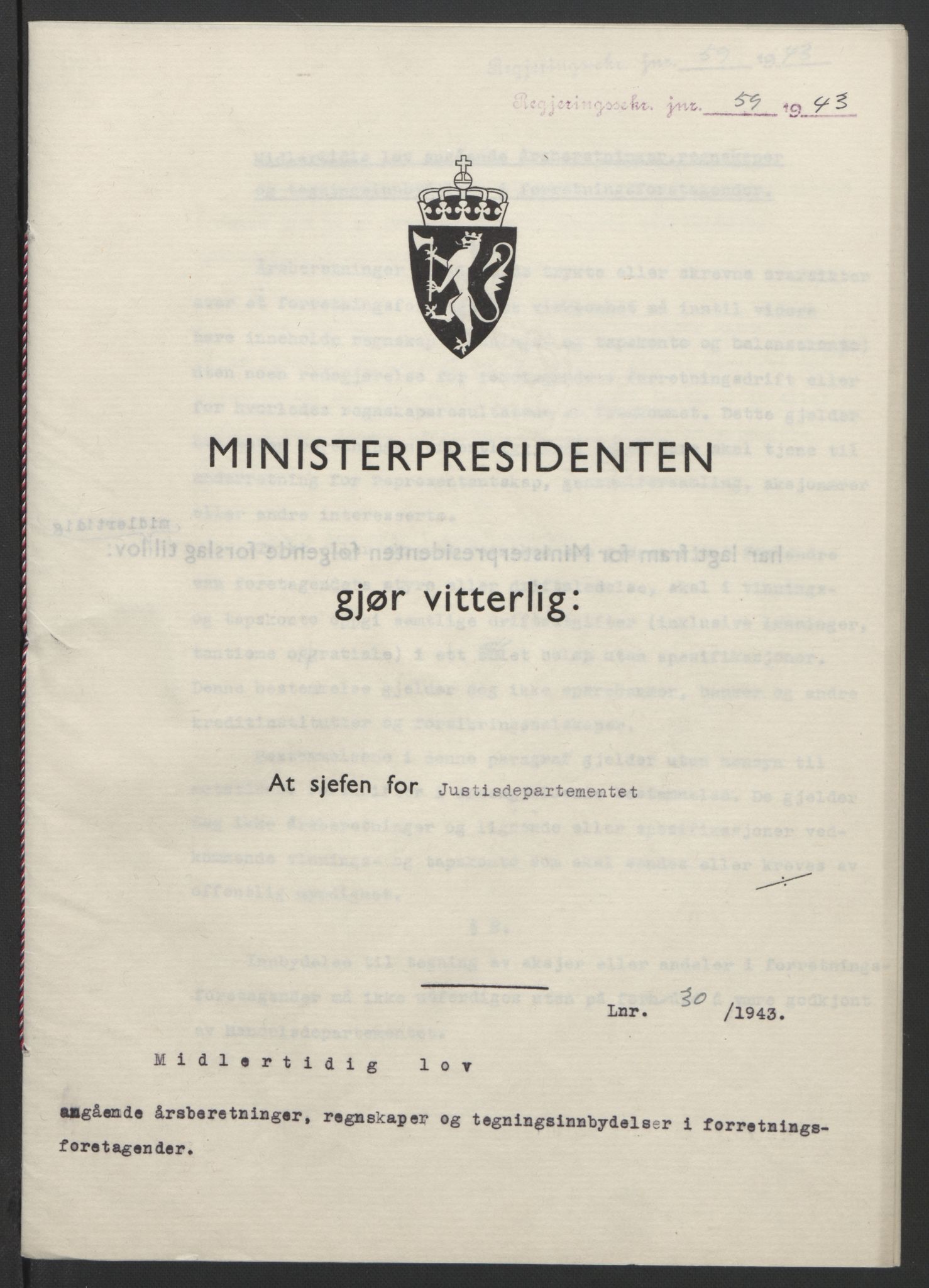 NS-administrasjonen 1940-1945 (Statsrådsekretariatet, de kommisariske statsråder mm), RA/S-4279/D/Db/L0099: Lover, 1943, p. 124
