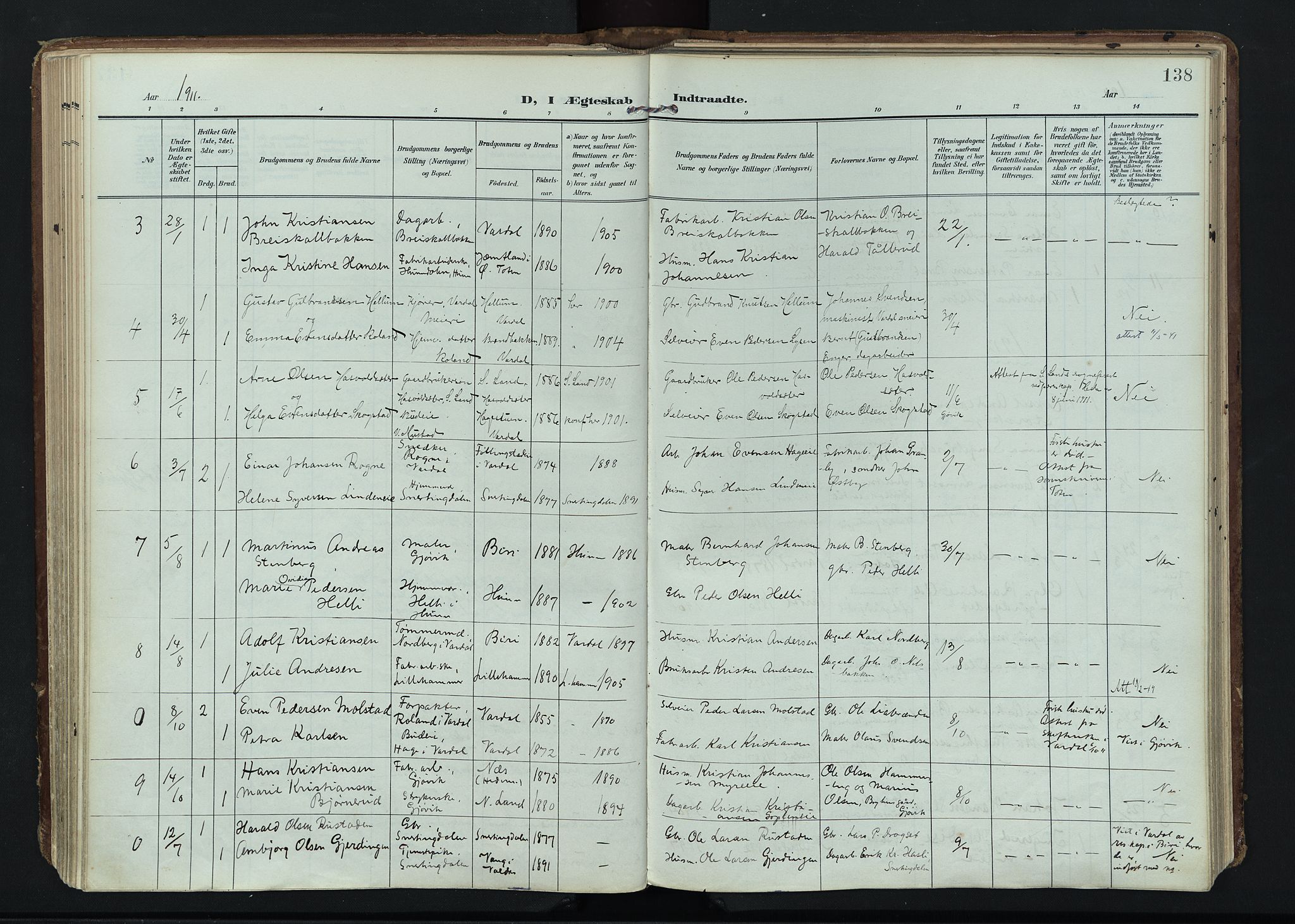 Vardal prestekontor, SAH/PREST-100/H/Ha/Haa/L0020: Parish register (official) no. 20, 1907-1921, p. 138