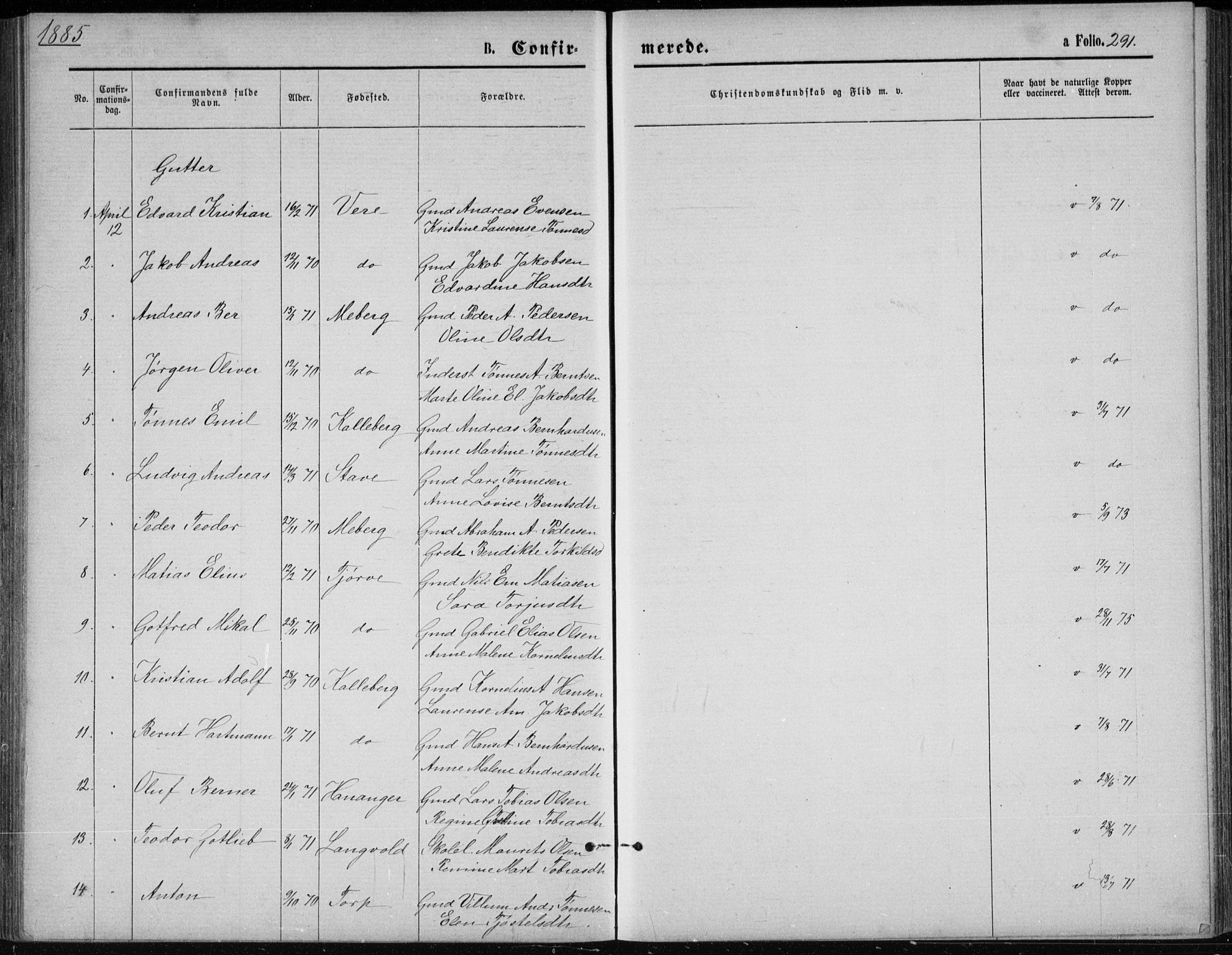 Lista sokneprestkontor, AV/SAK-1111-0027/F/Fb/L0004: Parish register (copy) no. B 4, 1877-1891, p. 291