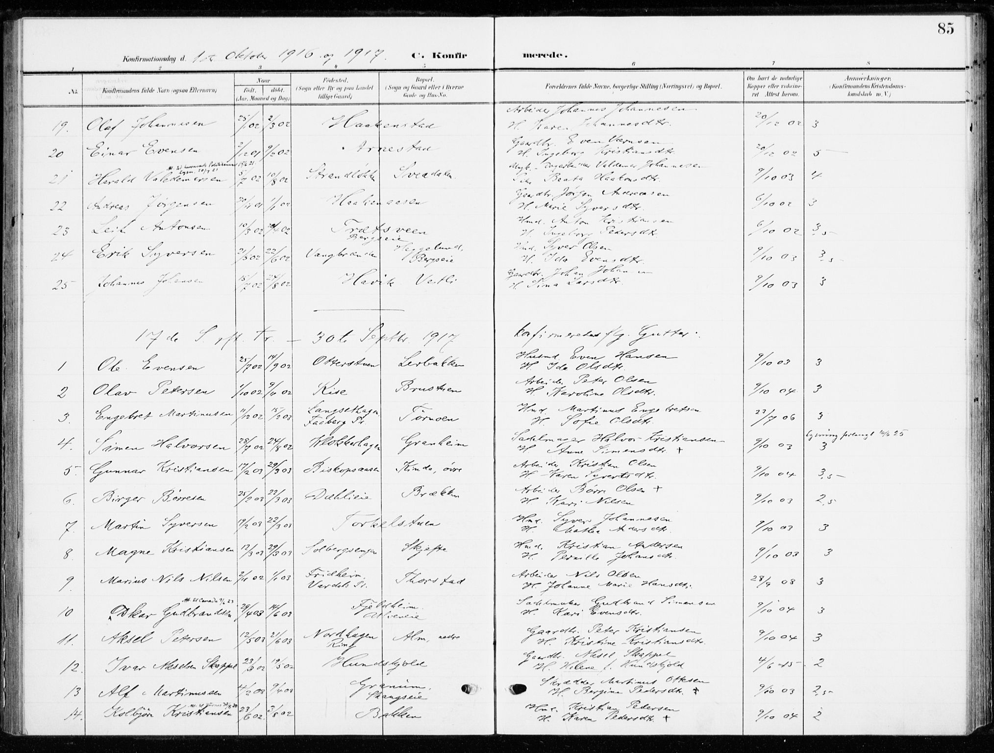 Ringsaker prestekontor, SAH/PREST-014/K/Ka/L0021: Parish register (official) no. 21, 1905-1920, p. 85
