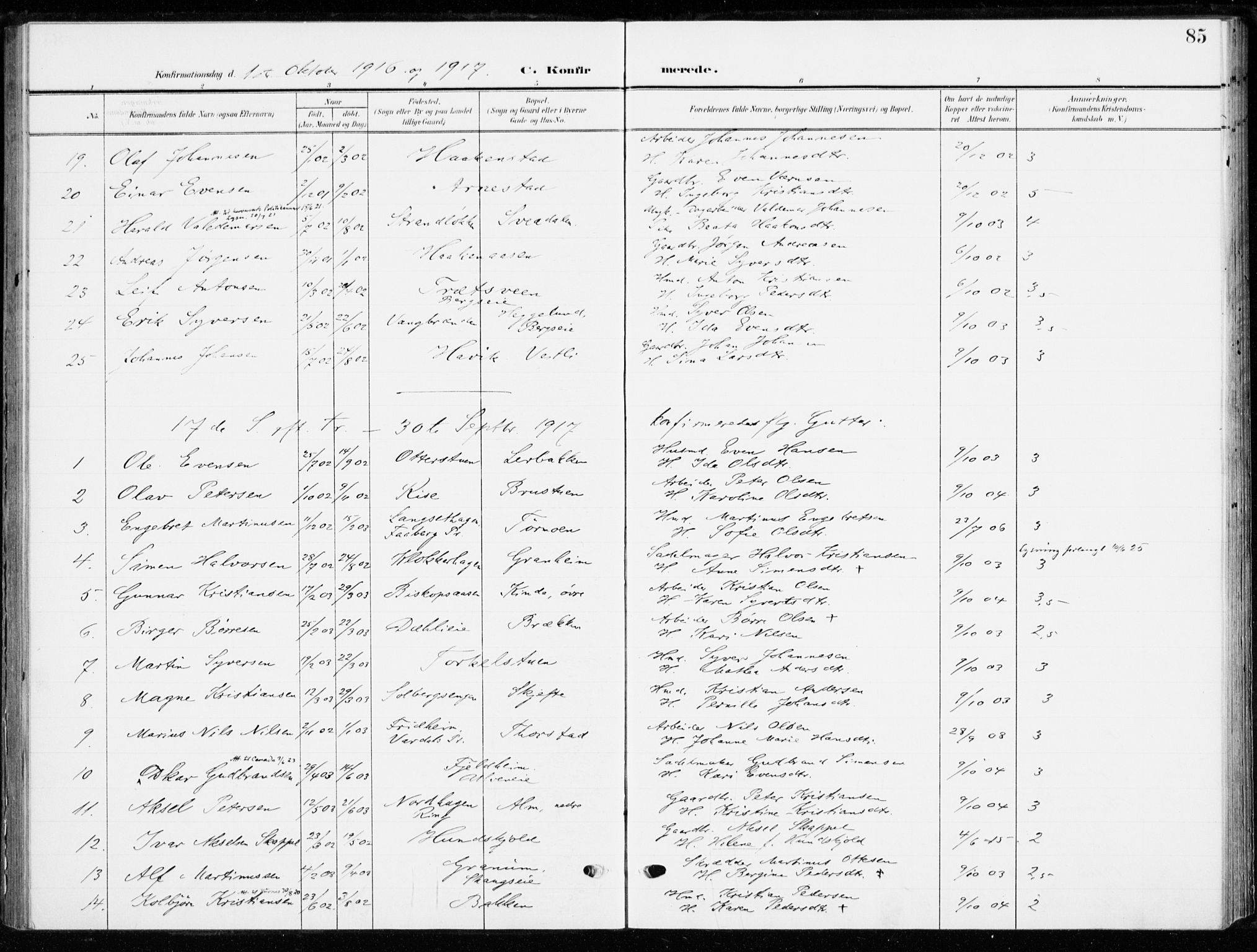 Ringsaker prestekontor, AV/SAH-PREST-014/K/Ka/L0021: Parish register (official) no. 21, 1905-1920, p. 85