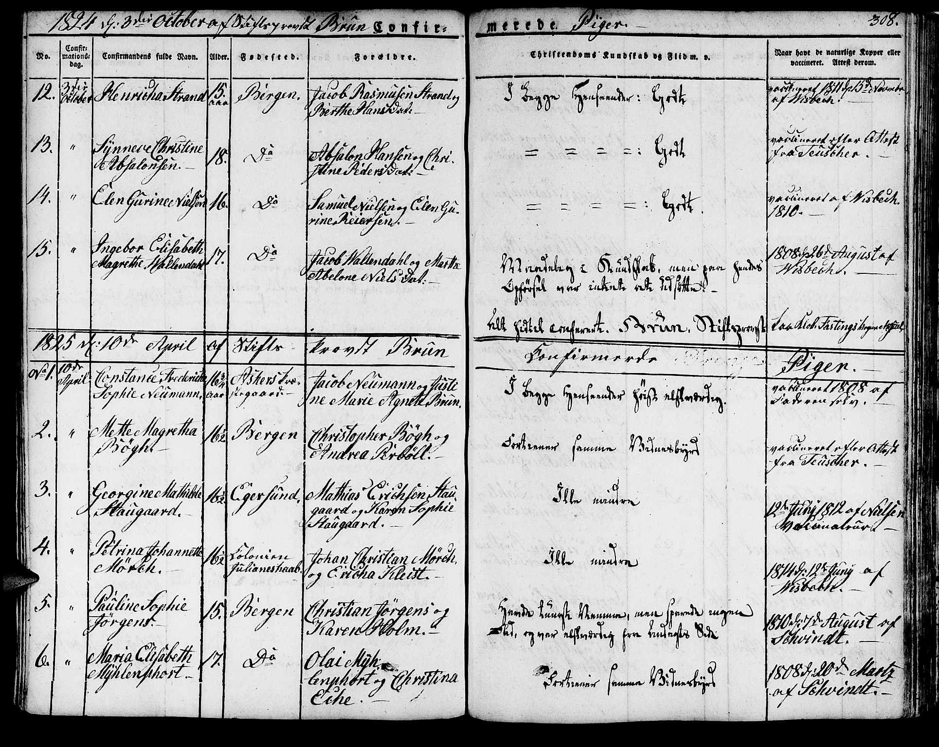 Domkirken sokneprestembete, SAB/A-74801/H/Haa/L0012: Parish register (official) no. A 12, 1821-1840, p. 308