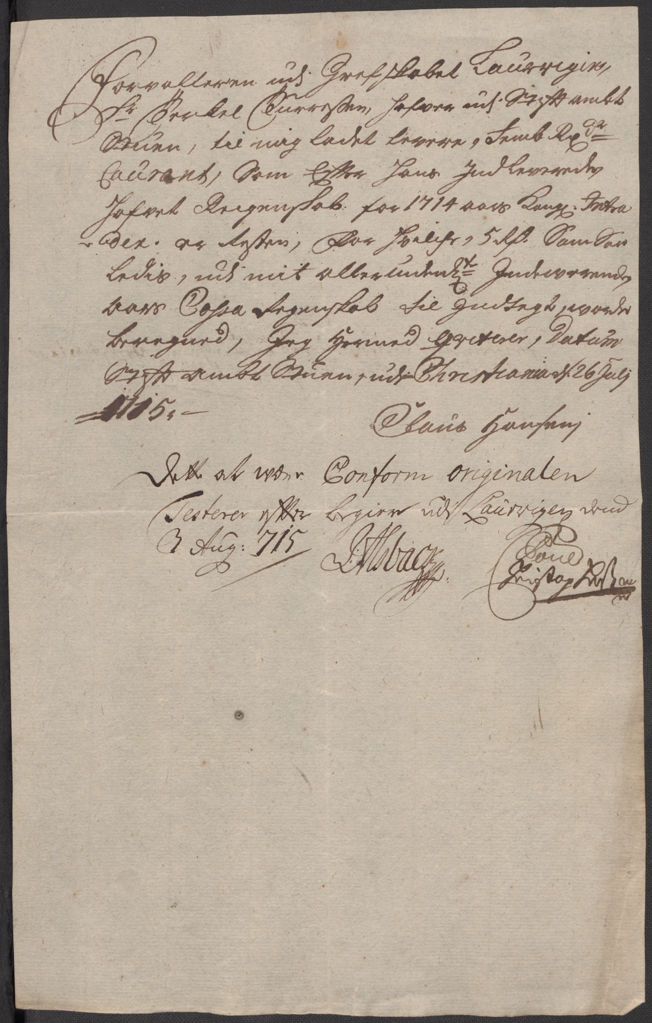 Rentekammeret inntil 1814, Reviderte regnskaper, Fogderegnskap, AV/RA-EA-4092/R33/L1986: Fogderegnskap Larvik grevskap, 1714-1715, p. 264