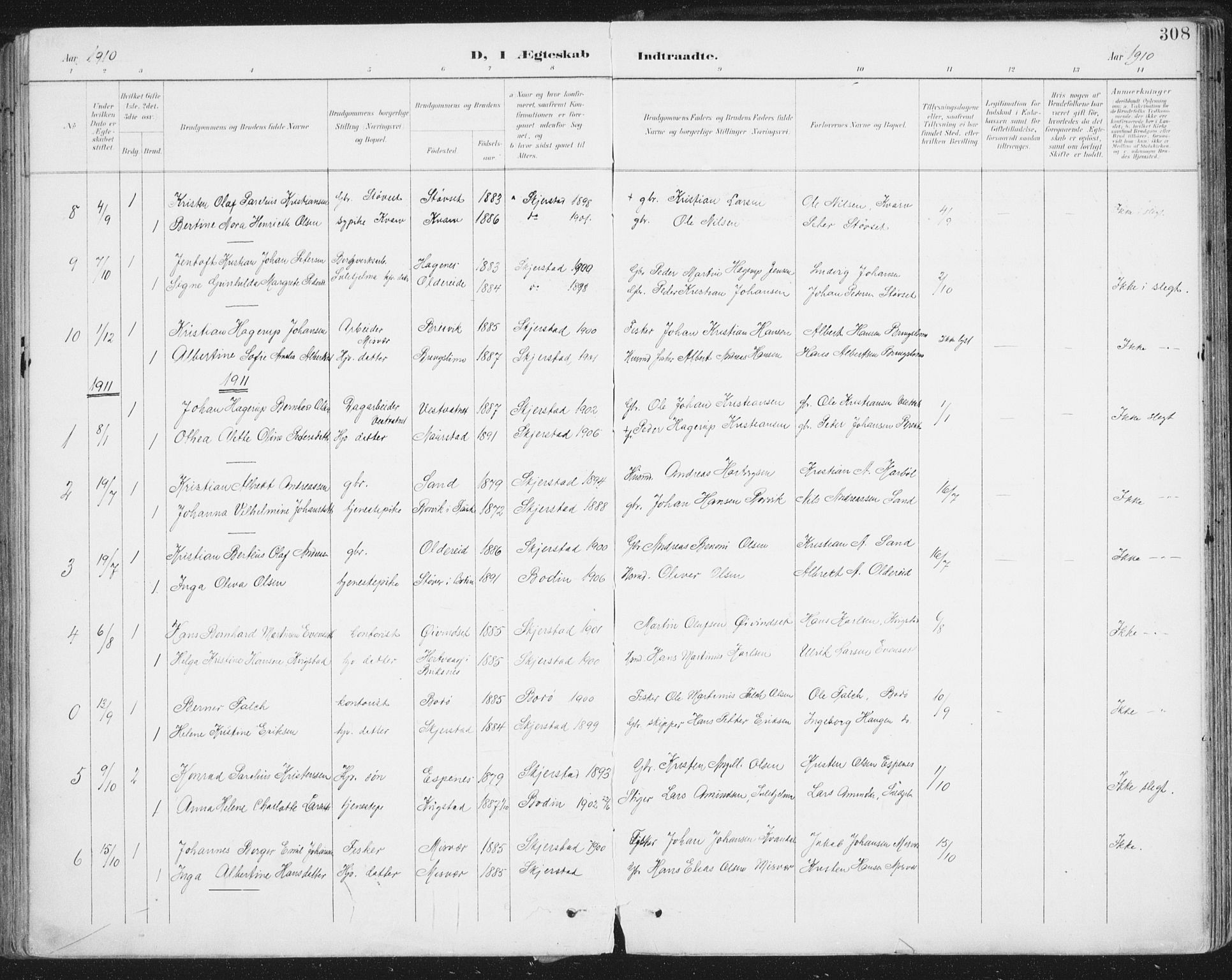 Ministerialprotokoller, klokkerbøker og fødselsregistre - Nordland, SAT/A-1459/852/L0741: Parish register (official) no. 852A11, 1894-1917, p. 308