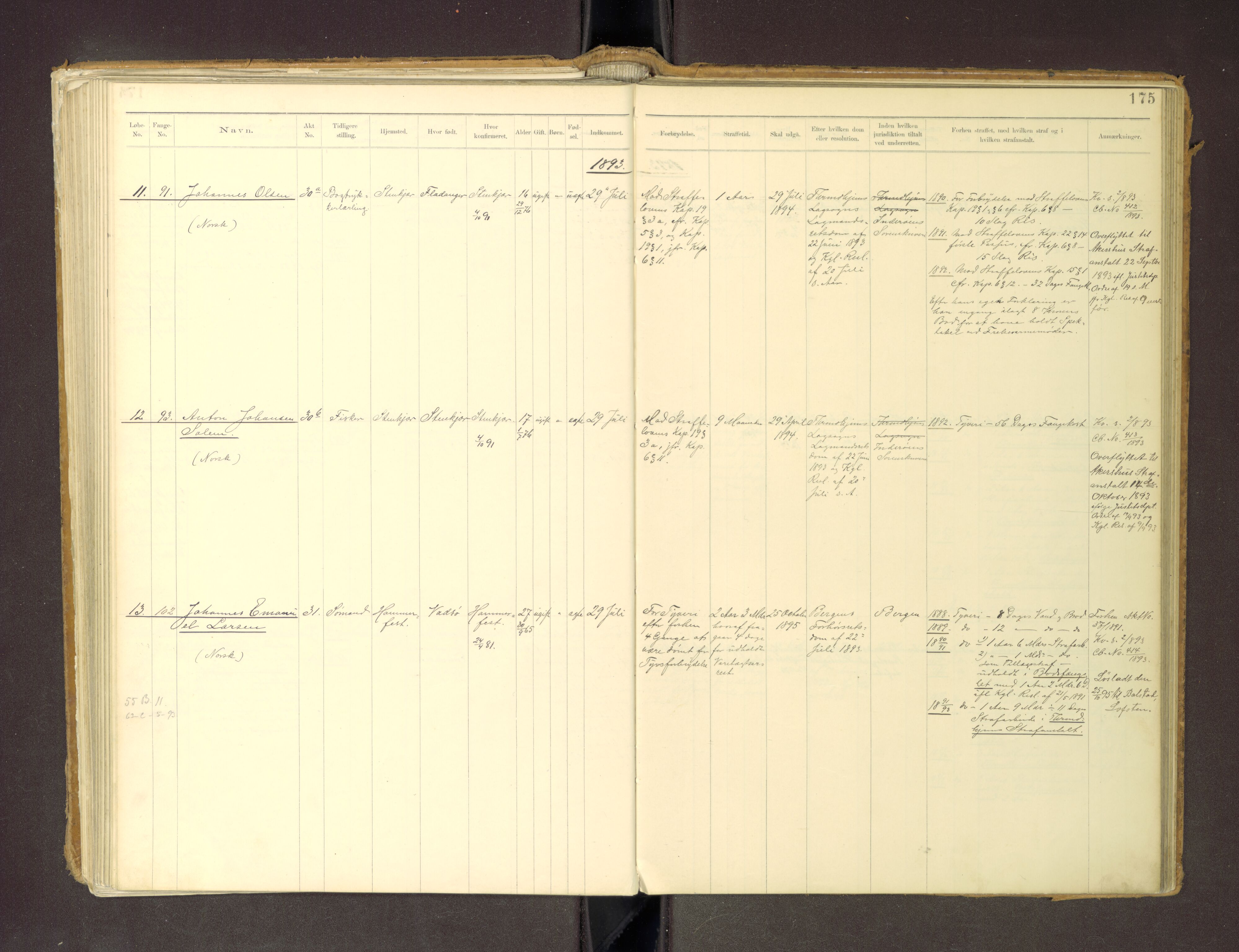 Trondheim tukthus, SAT/A-4619/05/65/L0036: 65.36 Fangeprotokoll m/reg, 1885-1898, p. 175