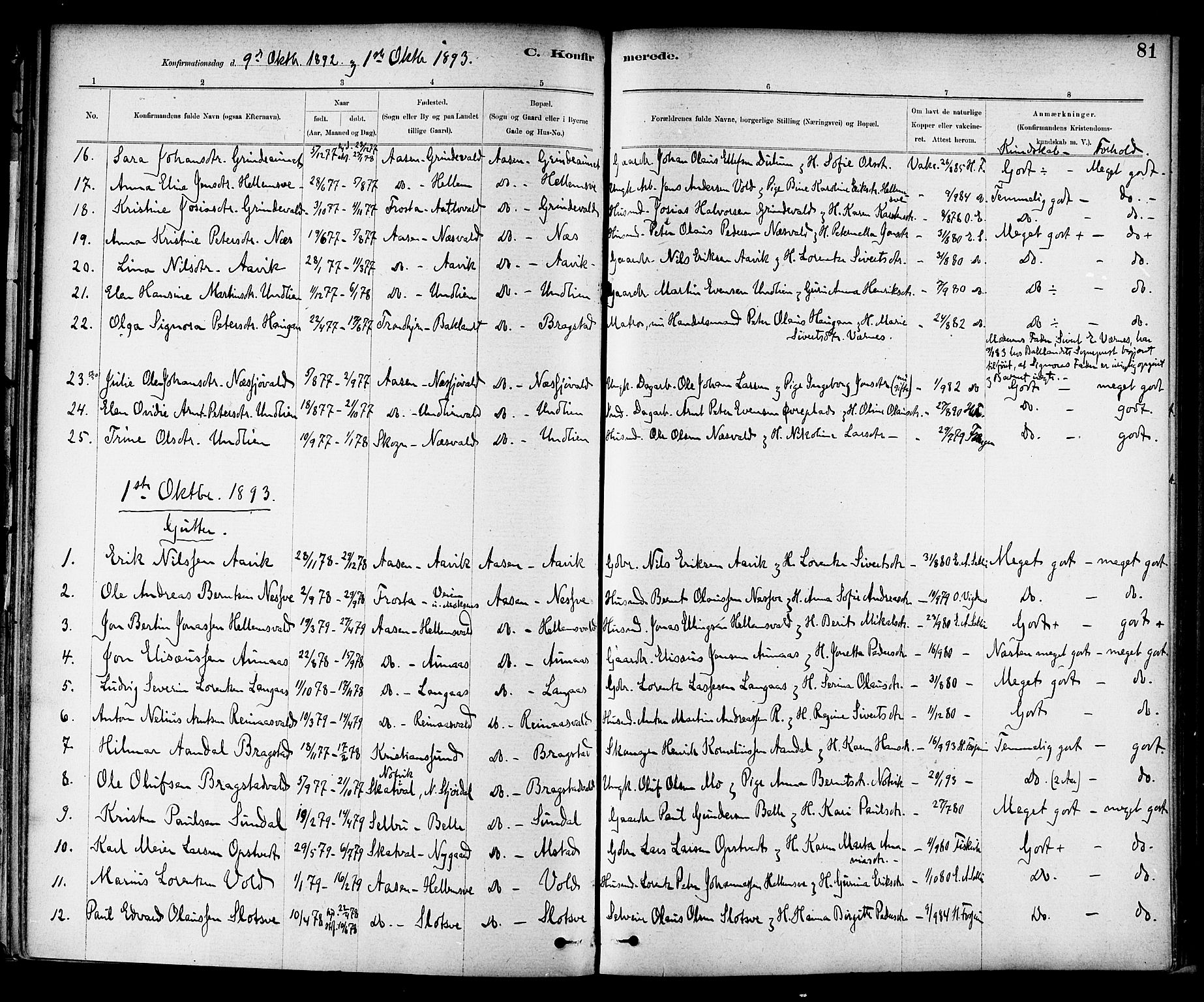 Ministerialprotokoller, klokkerbøker og fødselsregistre - Nord-Trøndelag, SAT/A-1458/714/L0130: Parish register (official) no. 714A01, 1878-1895, p. 81
