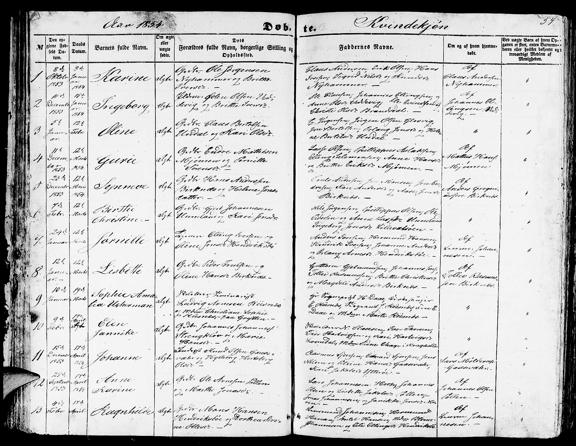 Gulen sokneprestembete, SAB/A-80201/H/Hab/Habb/L0001: Parish register (copy) no. B 1, 1854-1866, p. 54