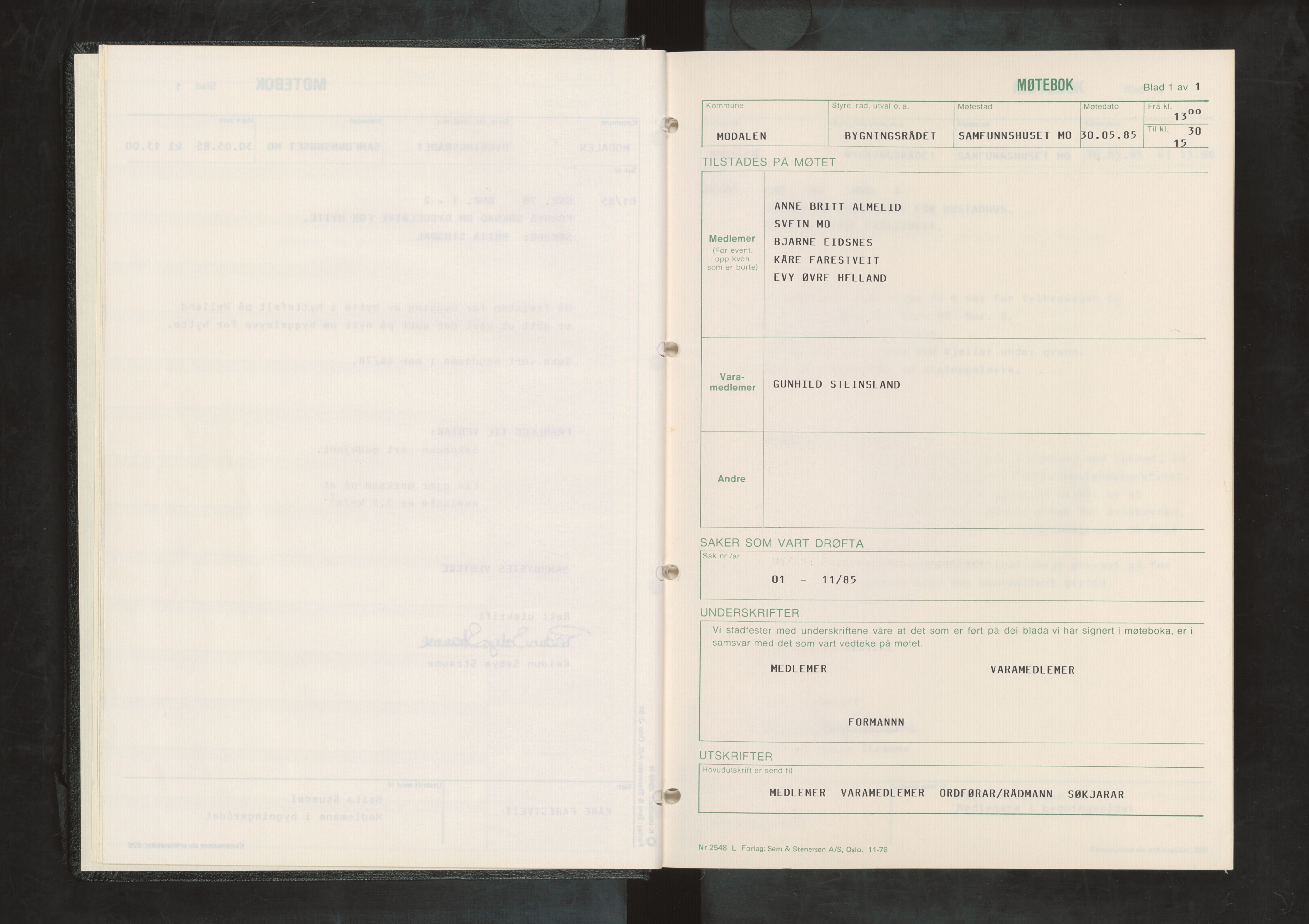 Modalen kommune. Bygningsrådet, IKAH/1252-511/A/Aa/L0002: Møtebok for Modalen bygningsråd, 1985-1990