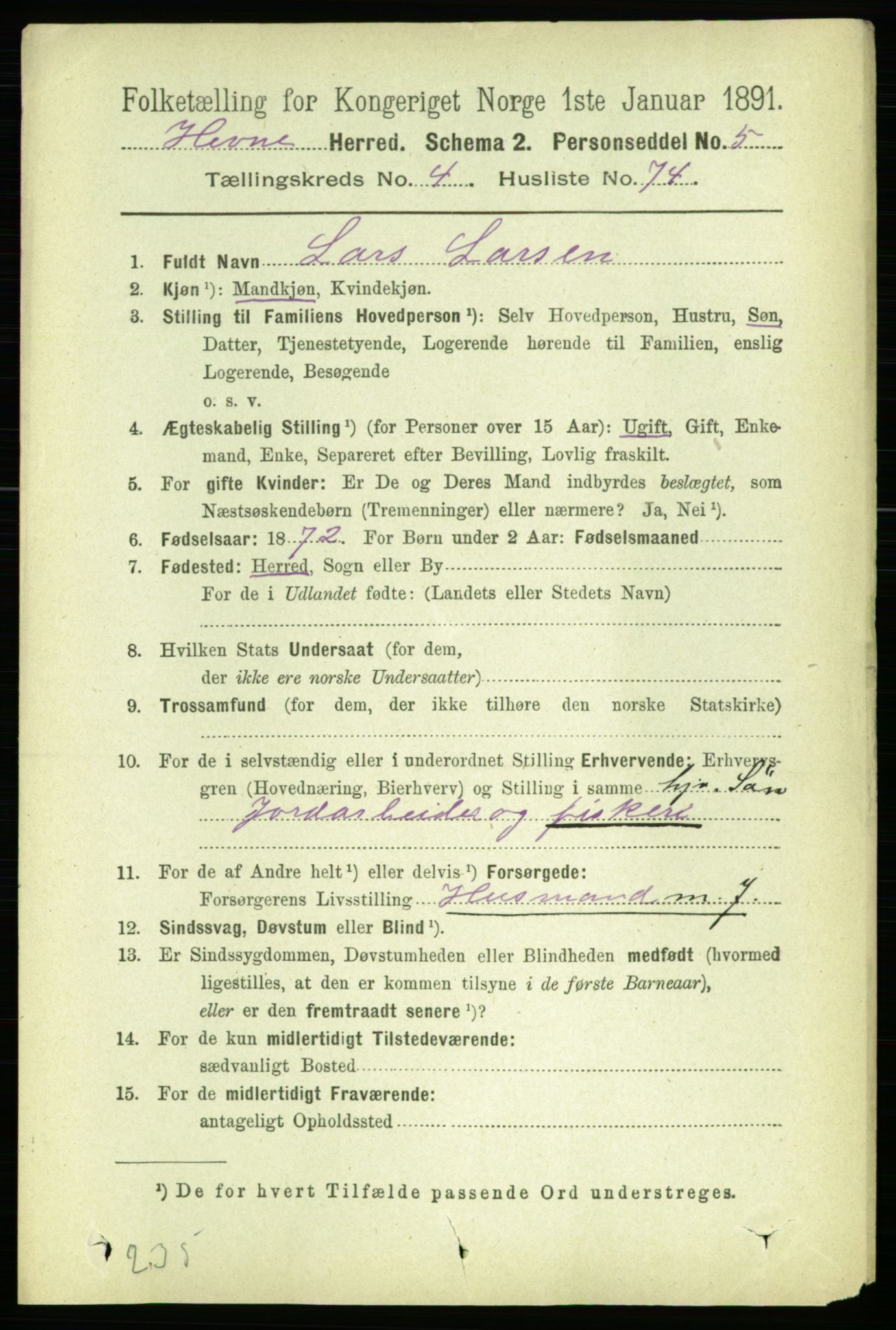 RA, 1891 census for 1612 Hemne, 1891, p. 2337