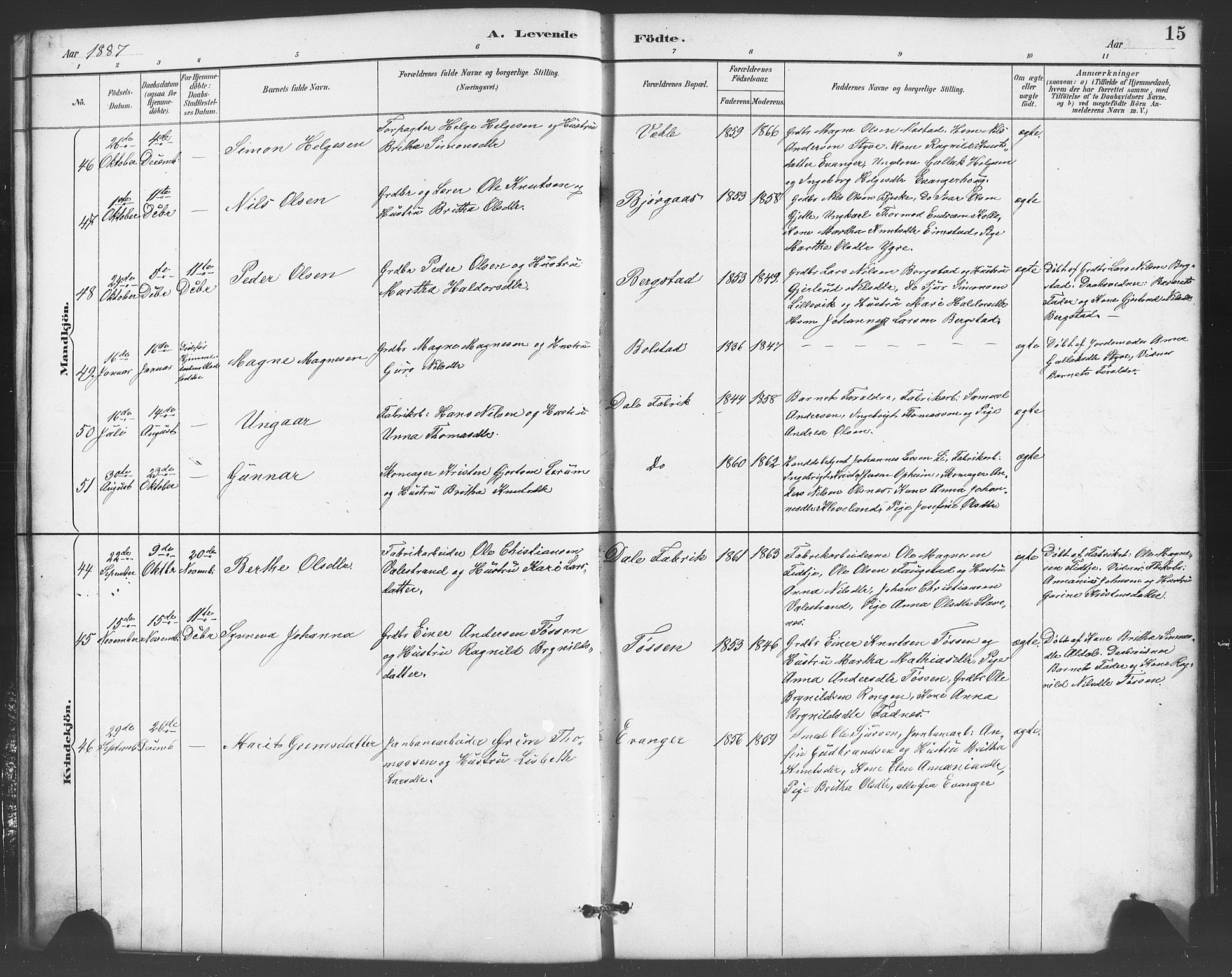 Evanger sokneprestembete, AV/SAB-A-99924: Parish register (copy) no. A 4, 1887-1897, p. 15