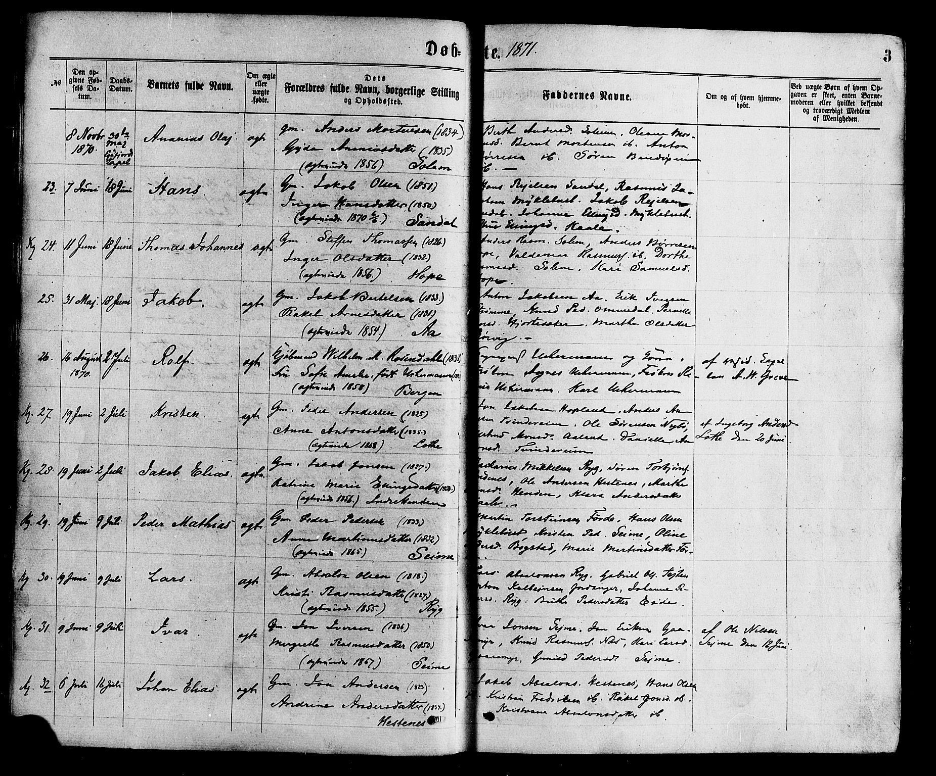 Gloppen sokneprestembete, AV/SAB-A-80101/H/Haa/Haaa/L0010: Parish register (official) no. A 10, 1871-1884, p. 3