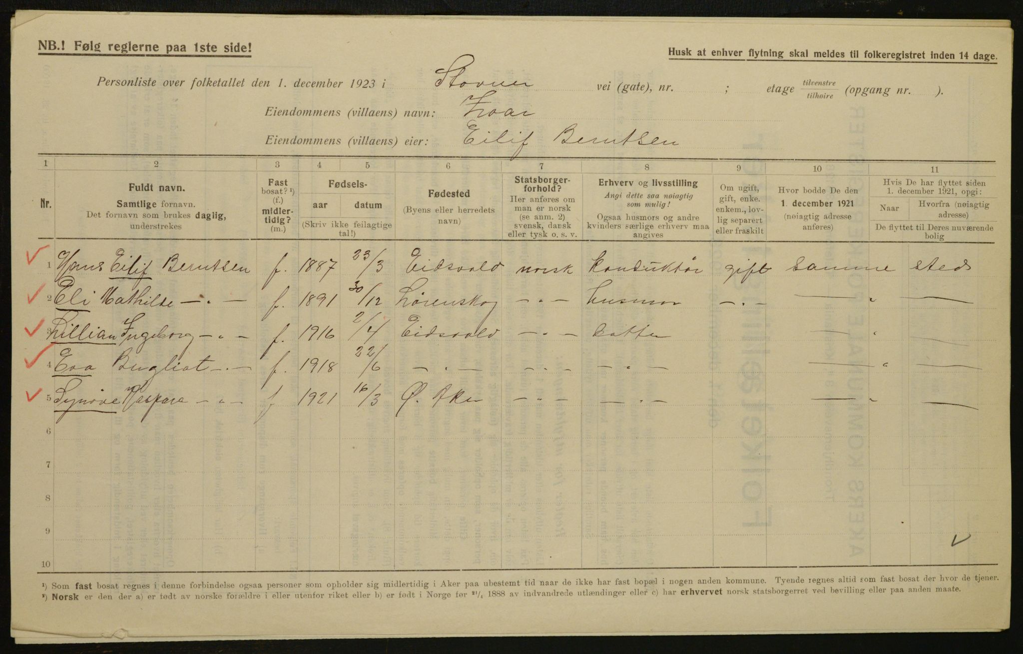 , Municipal Census 1923 for Aker, 1923, p. 31685